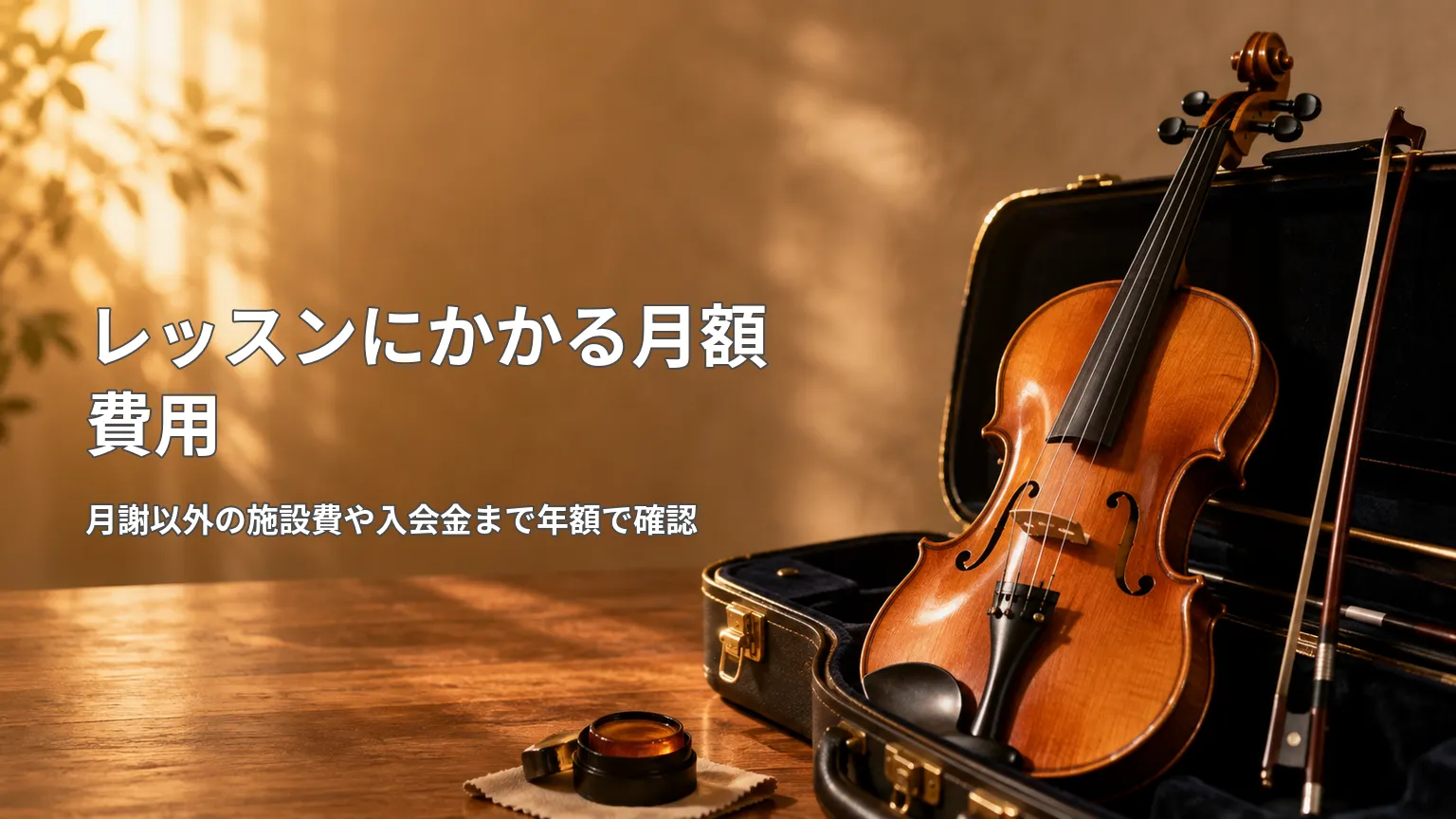 ケースに収めたバイオリンと弓を背景に、バイオリンレッスンの月額費用と年間負担を確認する画像