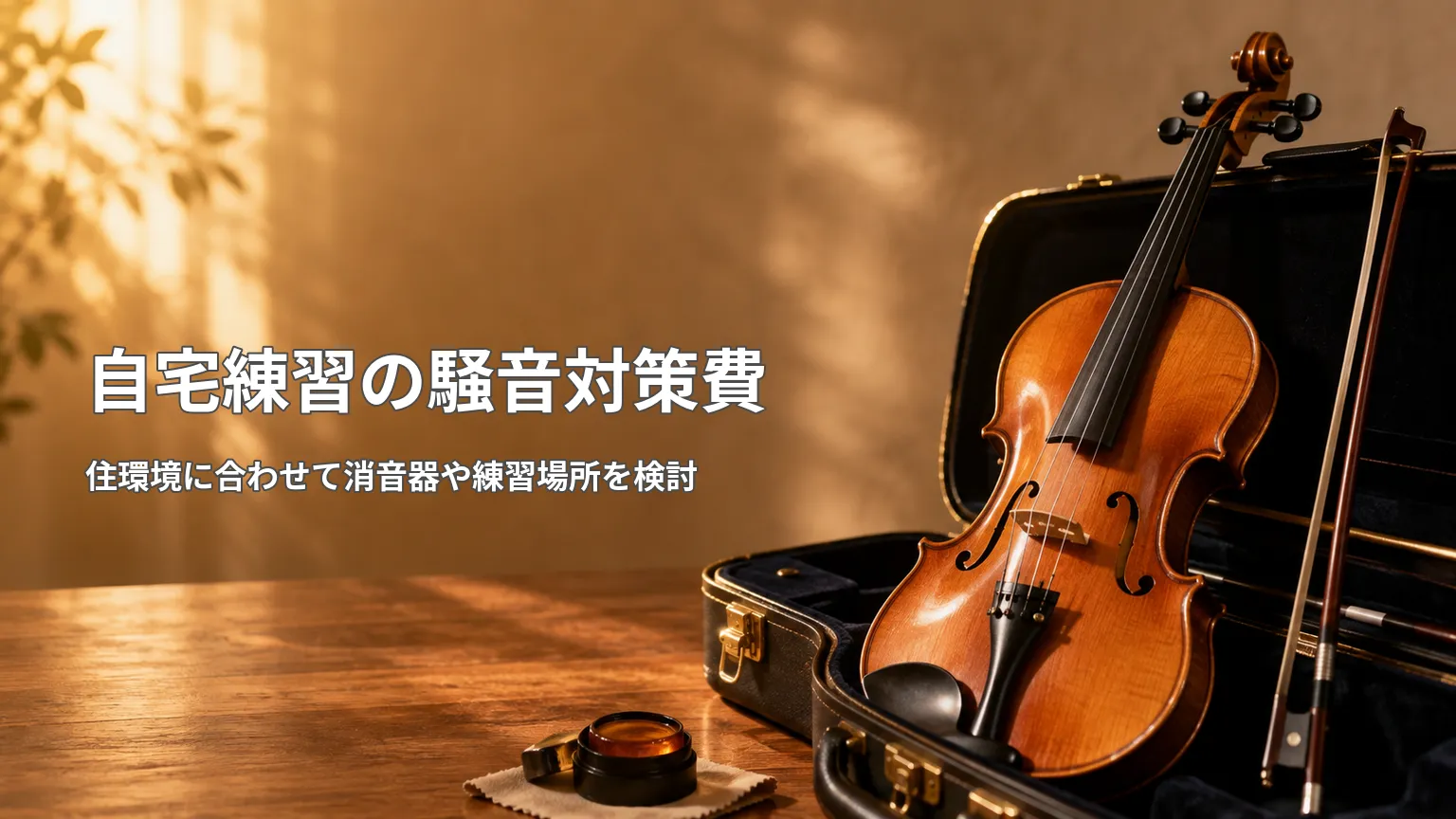 ケースに収めたバイオリンと弓を背景に、自宅練習で消音器や練習場所を検討する騒音対策費を示す画像