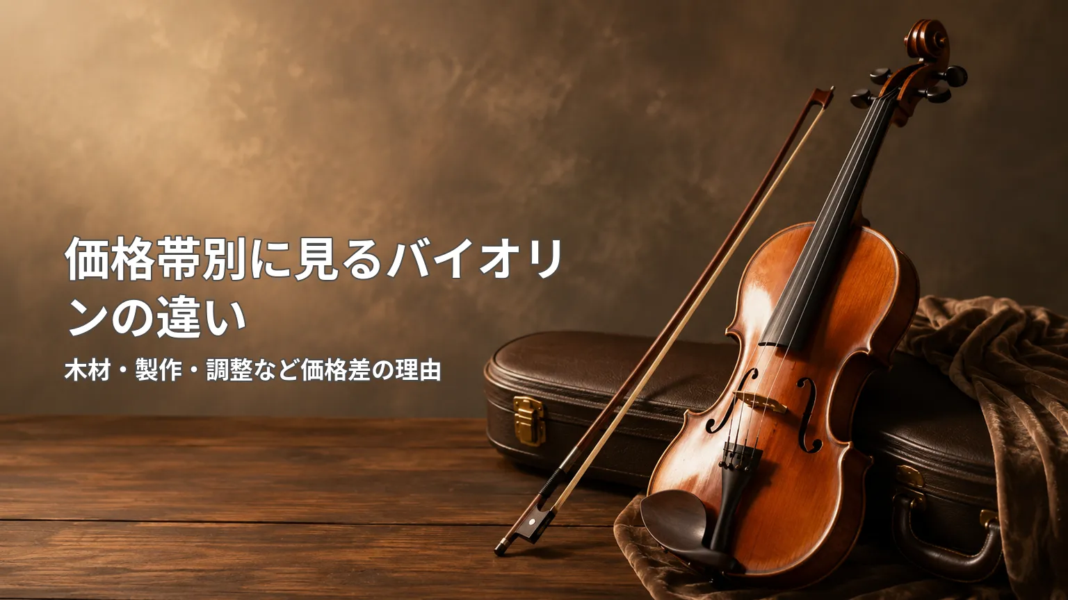 バイオリンの価格差に関わる木材や製作方法、職人、セットアップなどの主な要素を整理した図