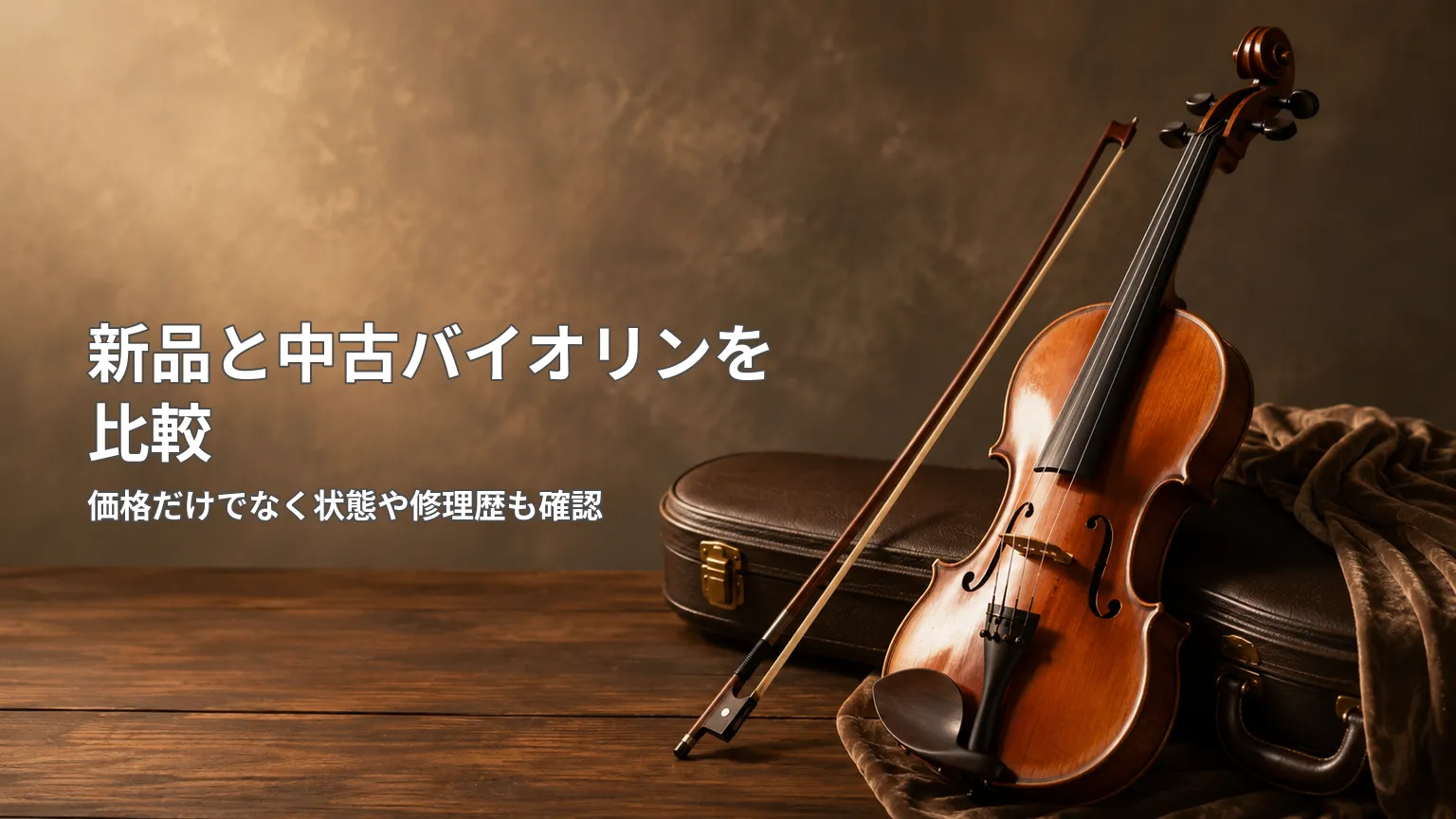新品と中古バイオリンのメリットや注意点を比較し、中古購入時の確認事項をまとめた図