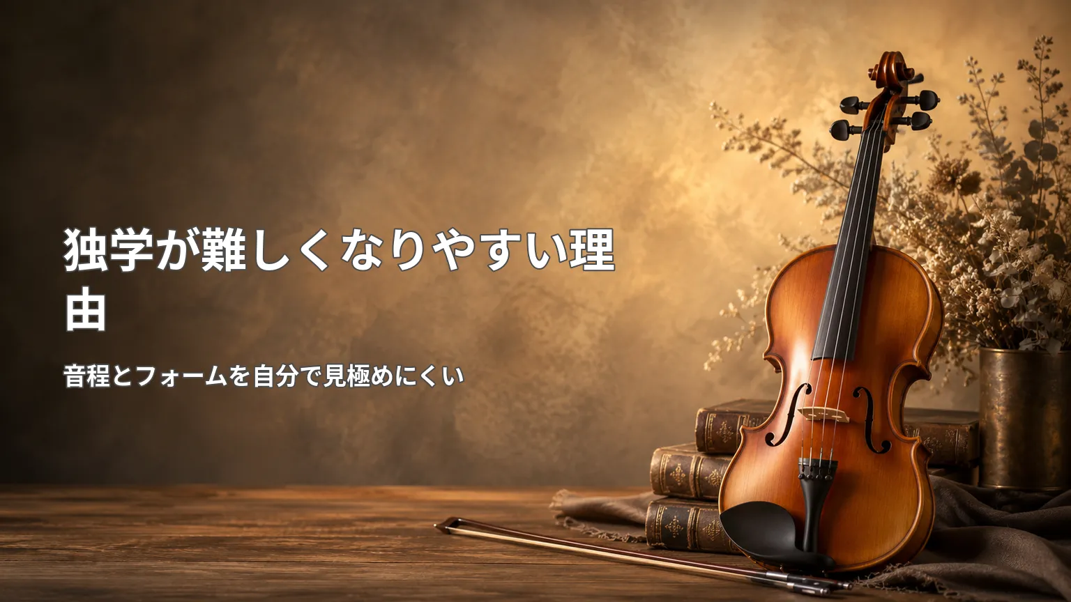 フレットのないバイオリンで音程を取り、構え方や弓の癖を自分で確認する難しさを示した画像