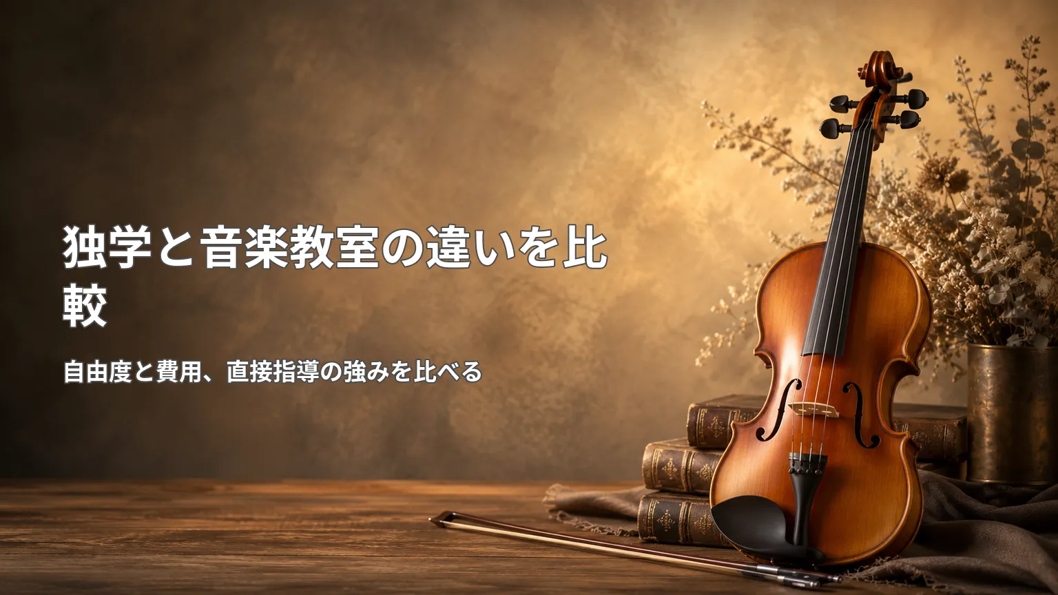 バイオリンの独学と音楽教室について、費用や自由度、フォーム修正などの違いを比較した画像