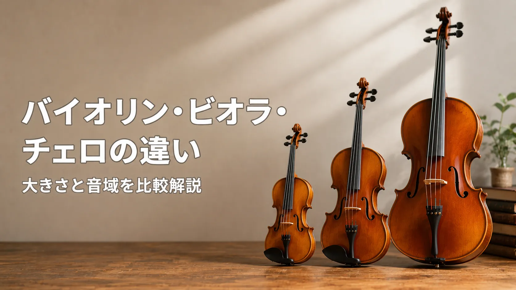 バイオリン・ビオラ・チェロの違いを、大きさと音域で比較解説するアイキャッチ画像
