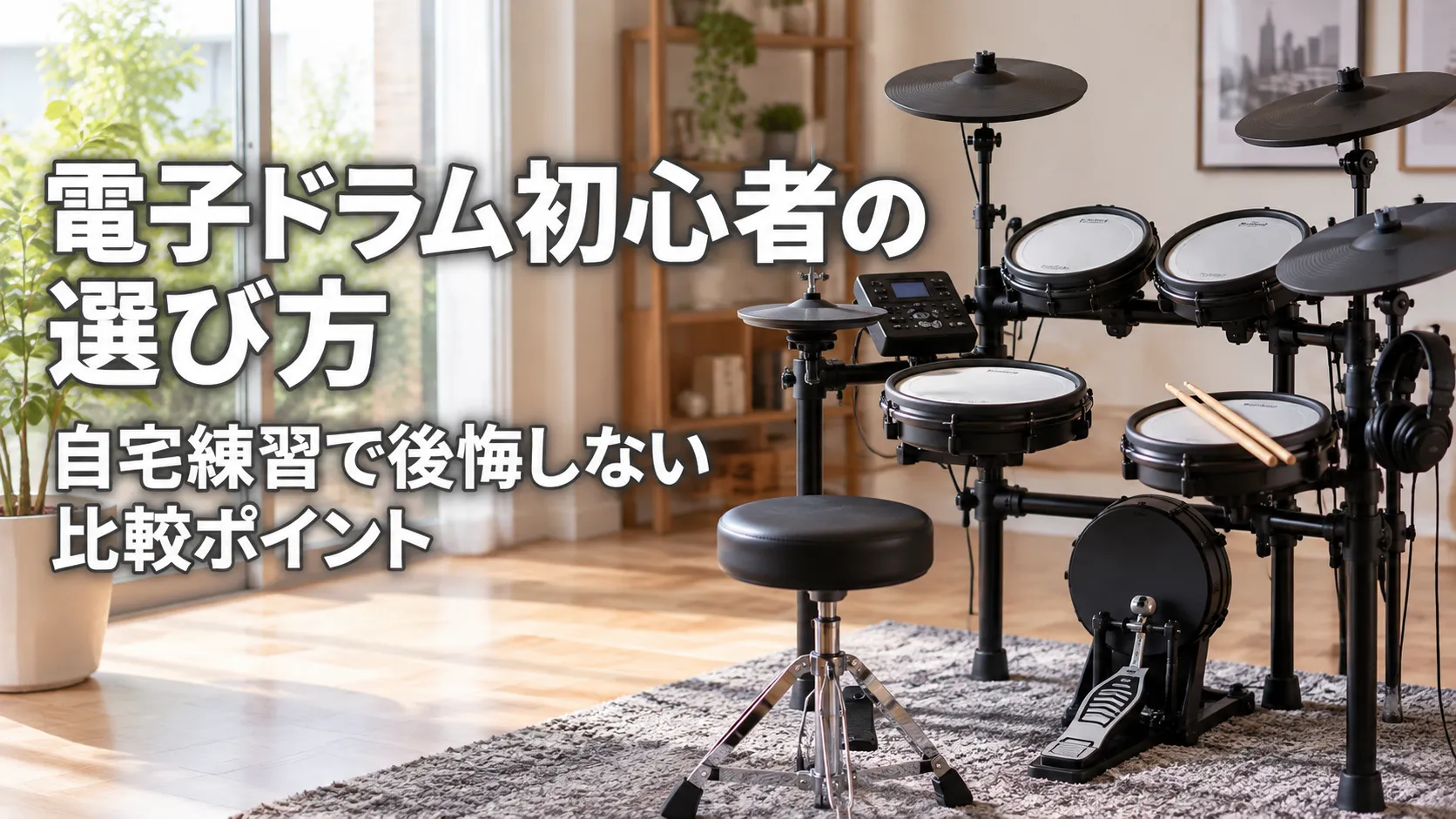 明るく落ち着いた自宅の部屋に電子ドラムを配置し、「電子ドラム初心者の選び方」「自宅練習で後悔しない比較ポイント」と表示したアイキャッチ画像。