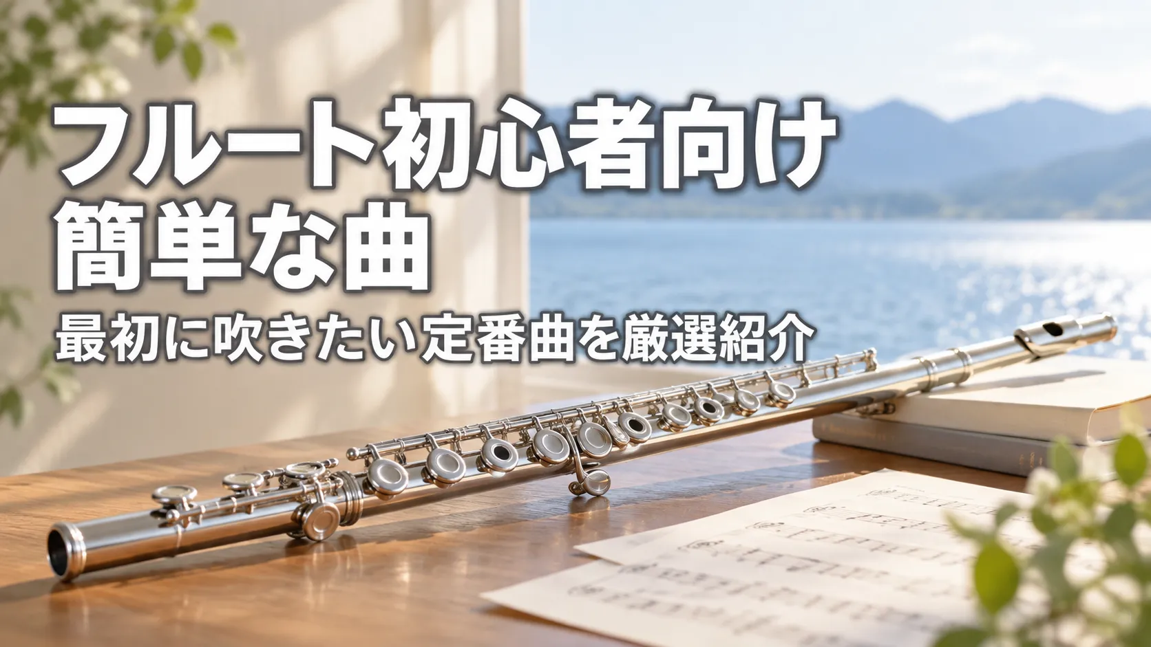 湖と山を望む明るい窓辺で、木製テーブルの上に銀色のフルートと楽譜を配置した「フルート初心者向け簡単な曲」のアイキャッチ画像。