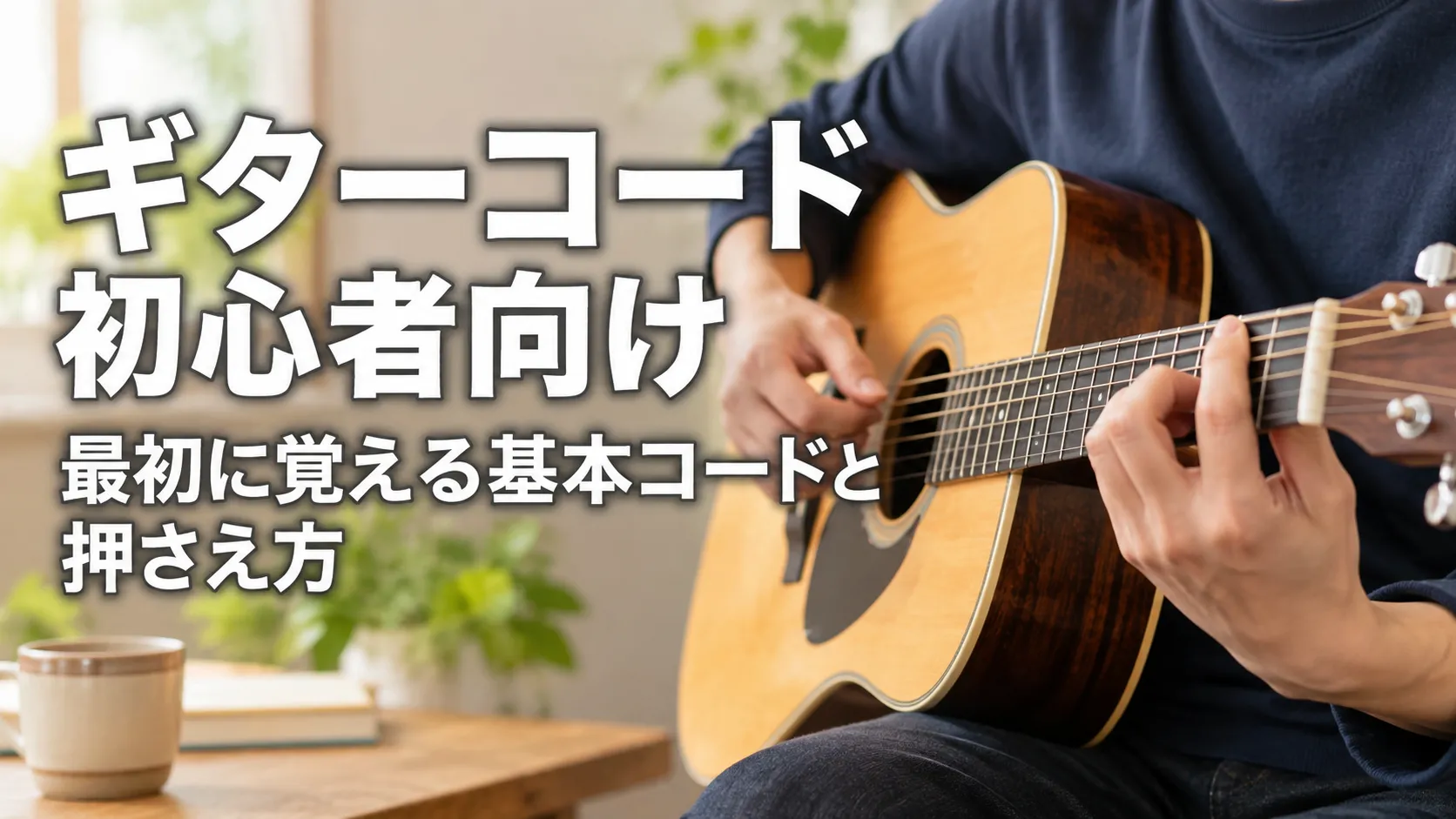 ギターのFコードをセーハで押さえる手元を大きく写し、押さえ方のコツと練習方法を紹介するアイキャッチ画像