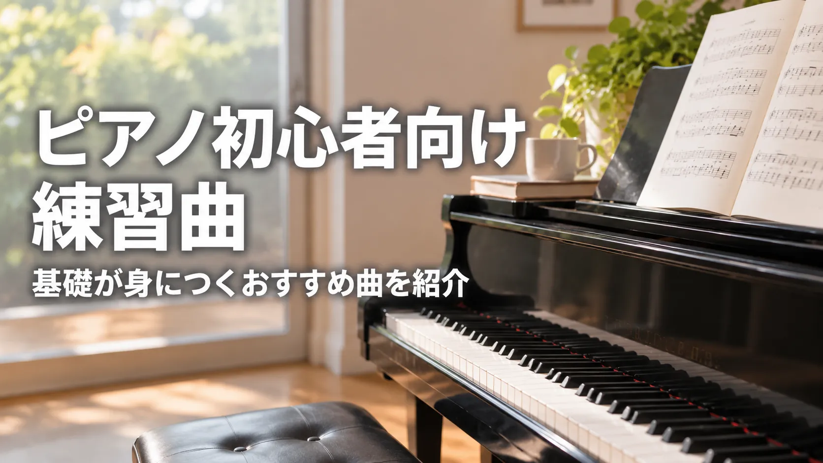 ピアノ初心者向けの練習曲を紹介する記事のアイキャッチ画像。明るく落ち着いた室内に黒いピアノと楽譜が配置されている。