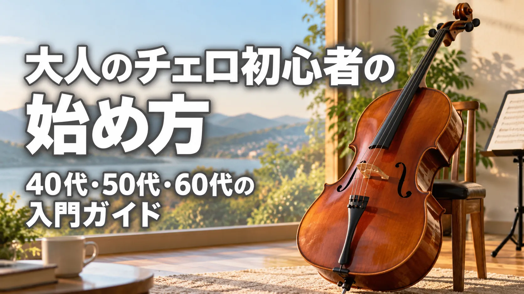 大人のチェロ初心者の始め方と40代・50代・60代向け入門ガイドを表現した、明るい室内にチェロを配置したアイキャッチ画像