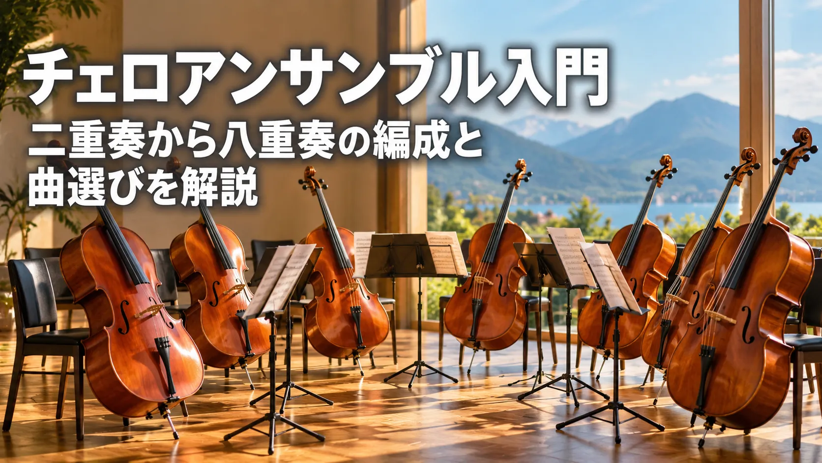 チェロアンサンブル入門として、二重奏から八重奏の編成と曲選びをイメージした複数のチェロと譜面台が並ぶアイキャッチ画像。
