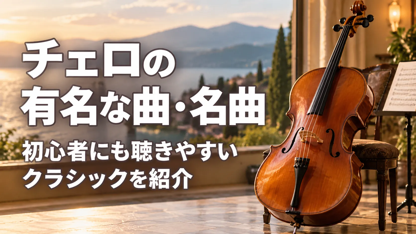 「チェロの有名な曲・名曲｜初心者にも聴きやすいクラシックを紹介」の文字と、湖と山を望む落ち着いた情景にチェロを大きく描いたアイキャッチ画像。