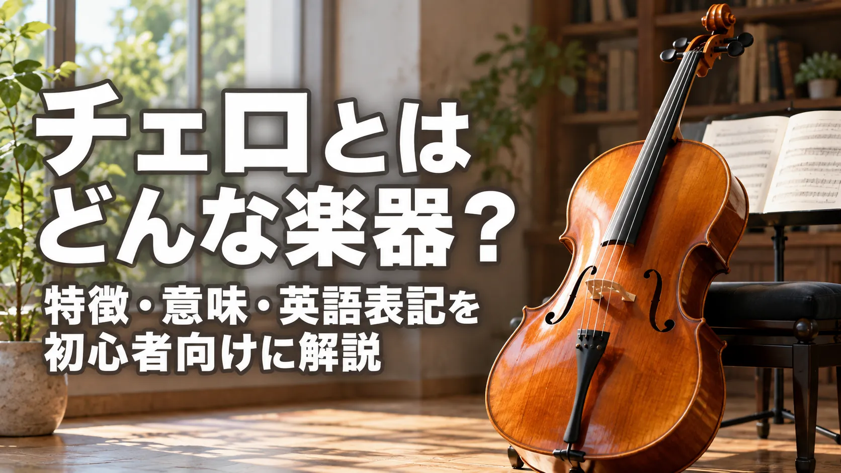 「チェロとはどんな楽器？特徴・意味・英語表記を初心者向けに解説」という文字と、明るい音楽室に置かれたチェロを描いたアイキャッチ画像。