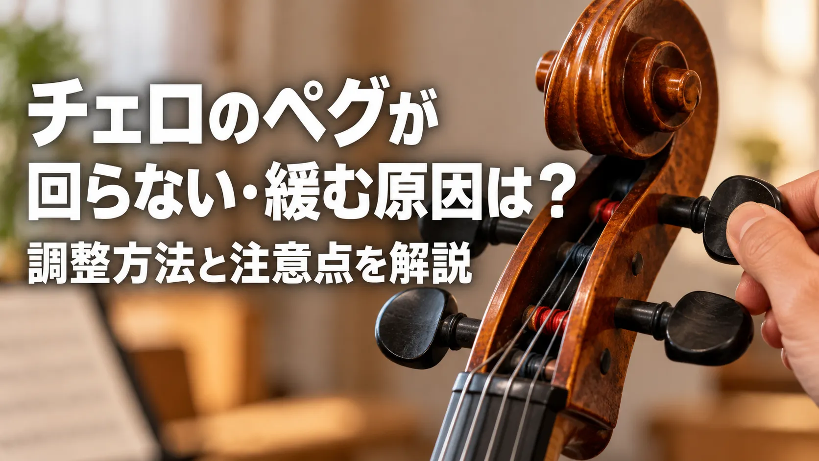 チェロのペグが回らない・緩む原因と調整方法を解説する記事のアイキャッチで、チェロのペグボックスとペグを手で調整する様子。