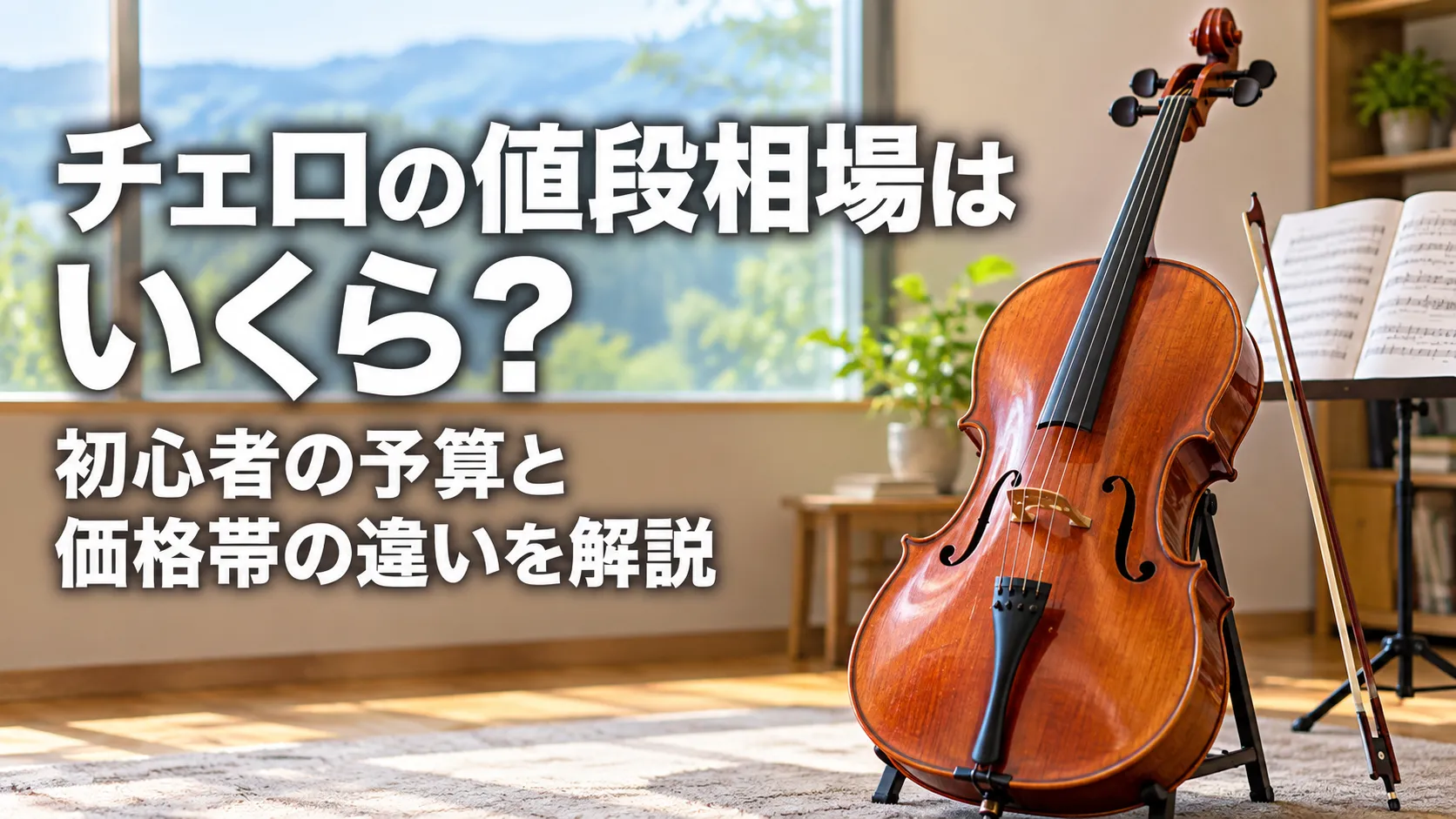 「チェロの値段相場はいくら？初心者の予算と価格帯の違いを解説」という文字と、明るく落ち着いた室内にチェロと弓を配置したアイキャッチ画像。