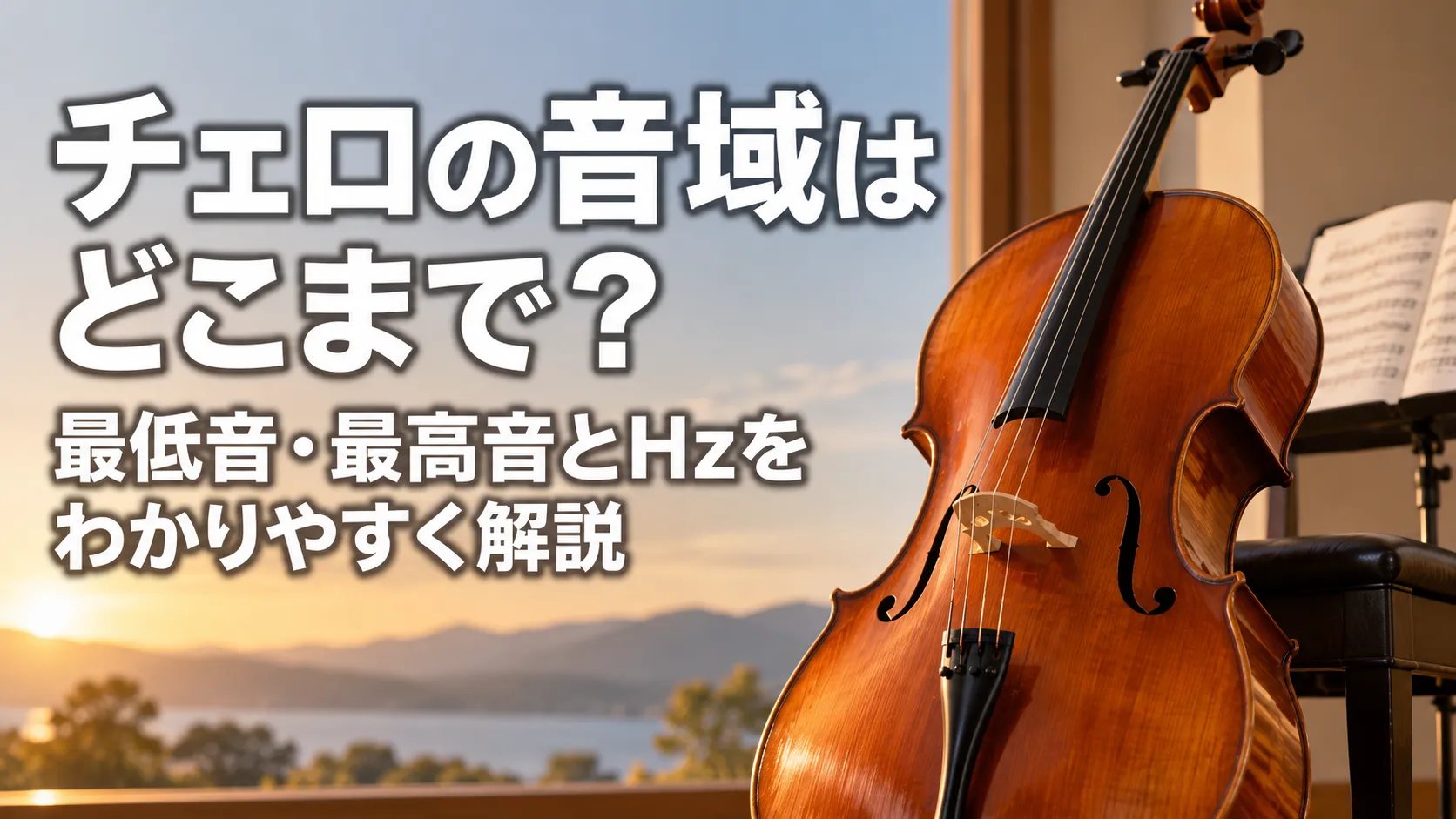 「チェロの音域はどこまで？最低音・最高音とHzをわかりやすく解説」という文字と、木目の美しいチェロを大きく配置したアイキャッチ画像。
