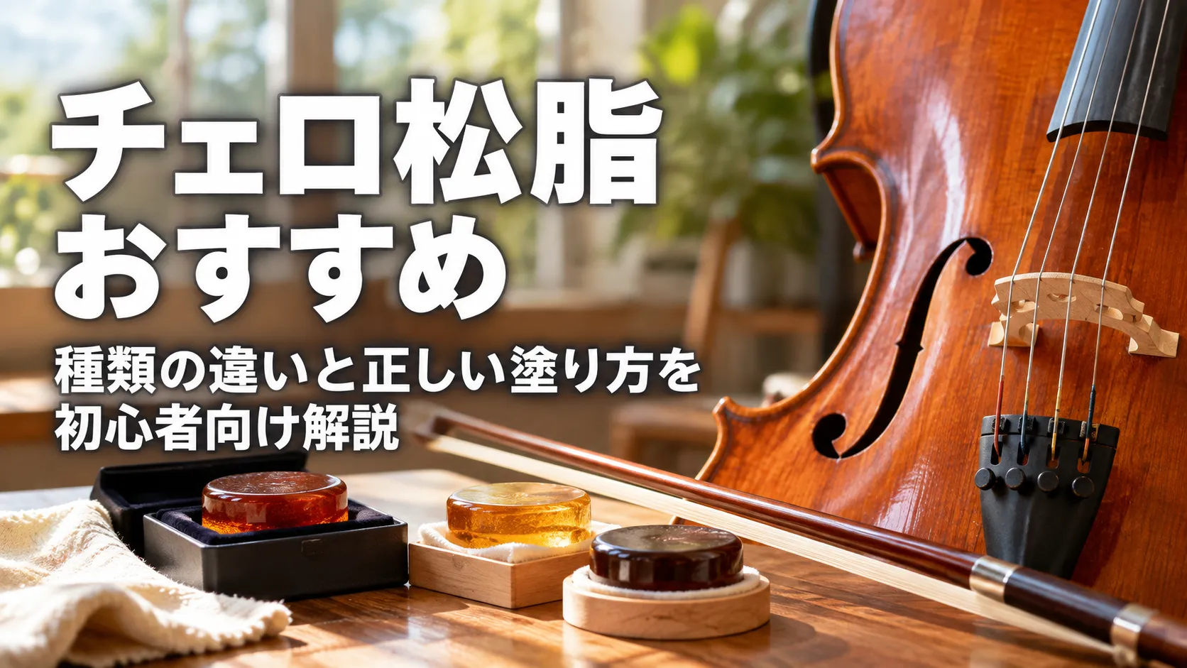 チェロと弓、複数種類の松脂を並べ、チェロ松脂のおすすめと種類の違い・正しい塗り方を初心者向けに解説する記事のアイキャッチ画像
