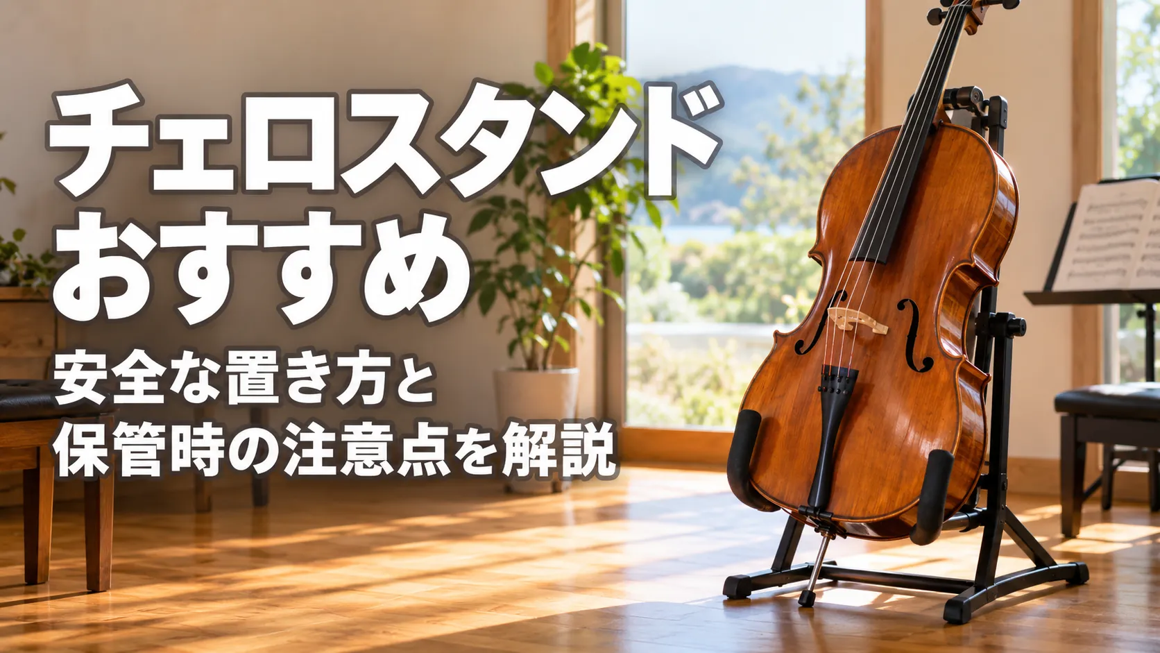 チェロスタンドにチェロを安全に置いた状態を、明るく落ち着いた音楽室で示したアイキャッチ画像。