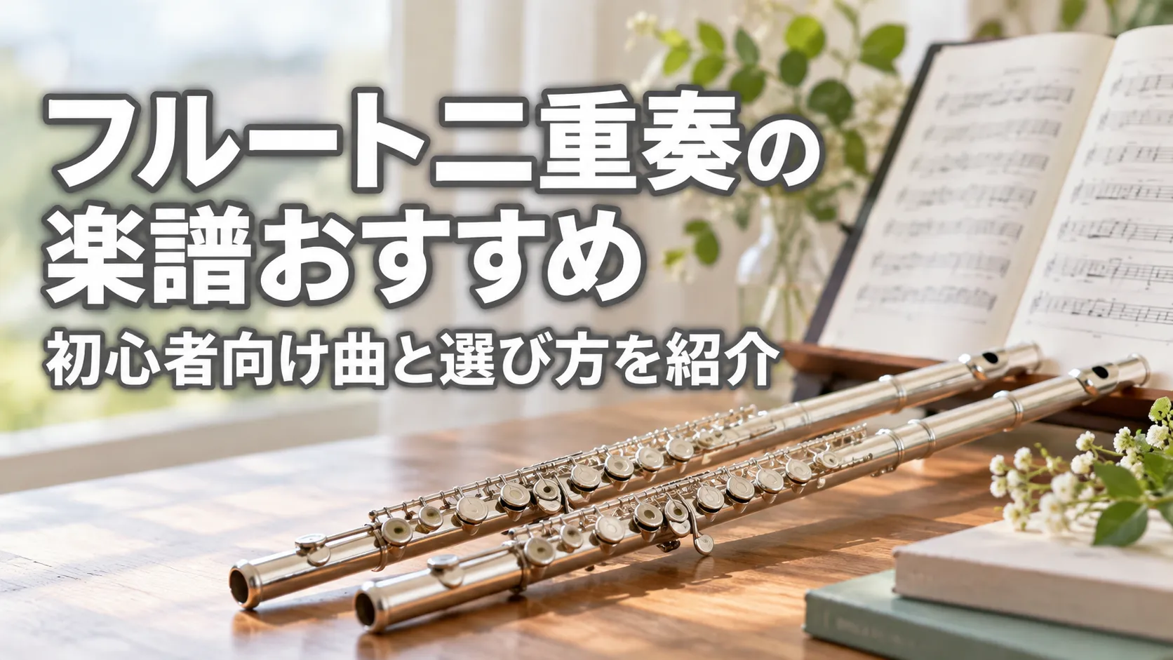 フルート二重奏の楽譜をテーマに、2本のフルートと開いた楽譜を明るく落ち着いた室内に配置したアイキャッチ画像。
