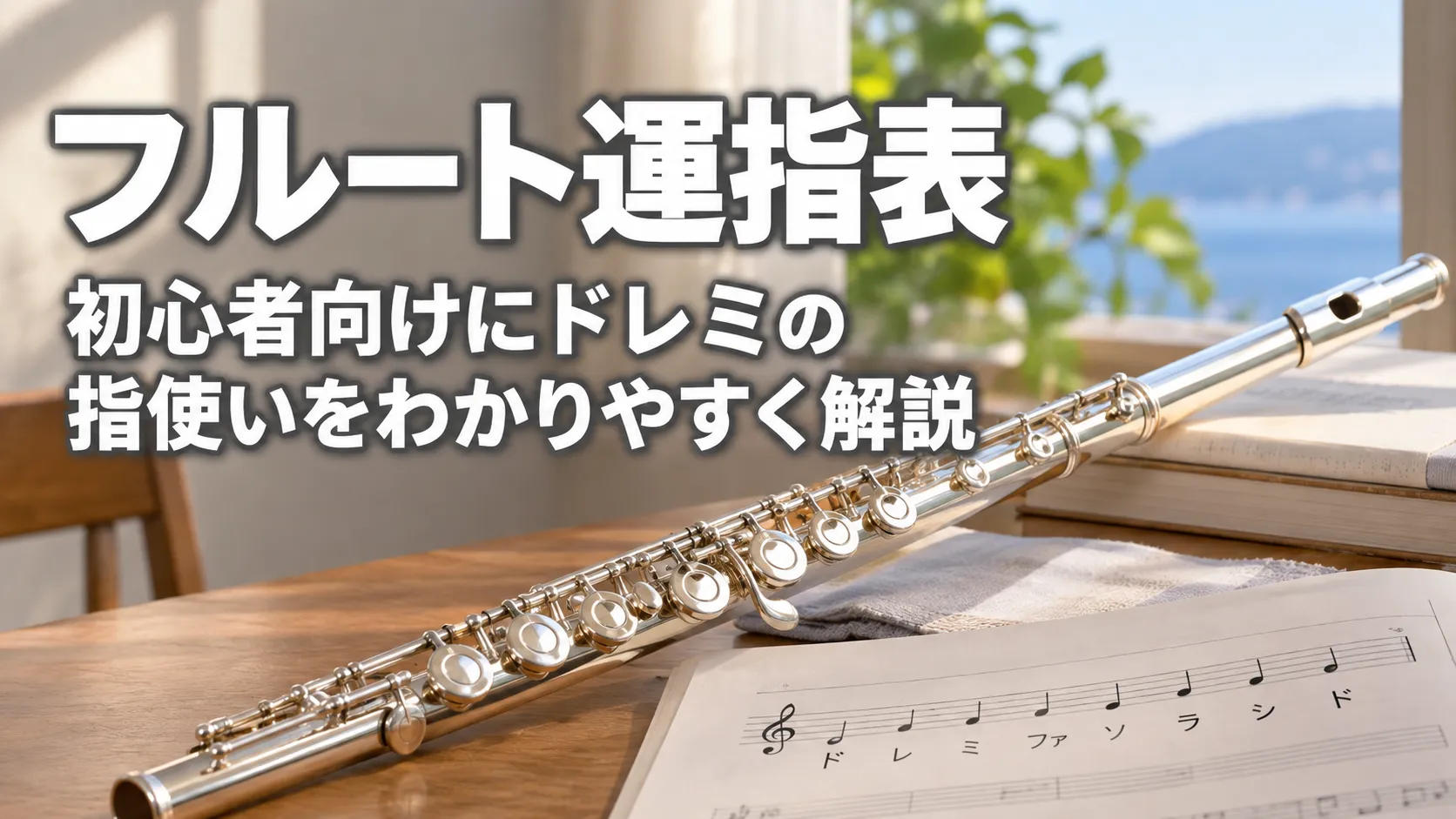 フルート運指表を初心者向けに解説する記事のアイキャッチ画像で、木製テーブルの上に銀色のフルートが大きく配置されている。