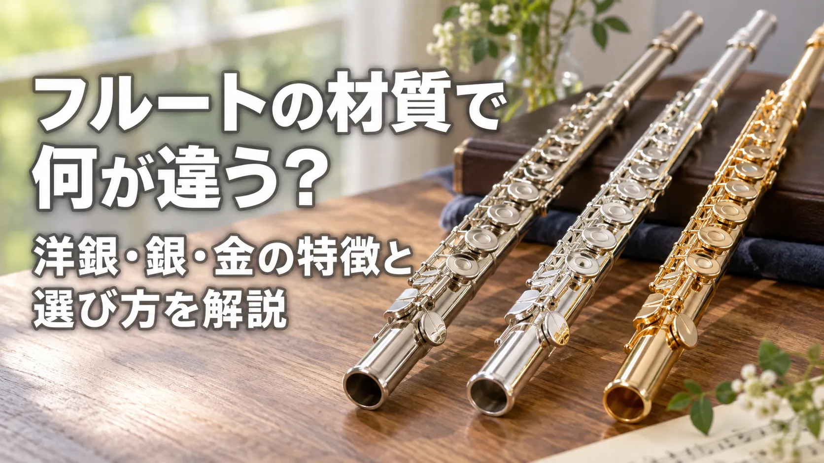 洋銀・銀・金の材質の違いをイメージした3本のフルートと、材質ごとの特徴と選び方を解説する記事タイトルを配置したアイキャッチ画像。