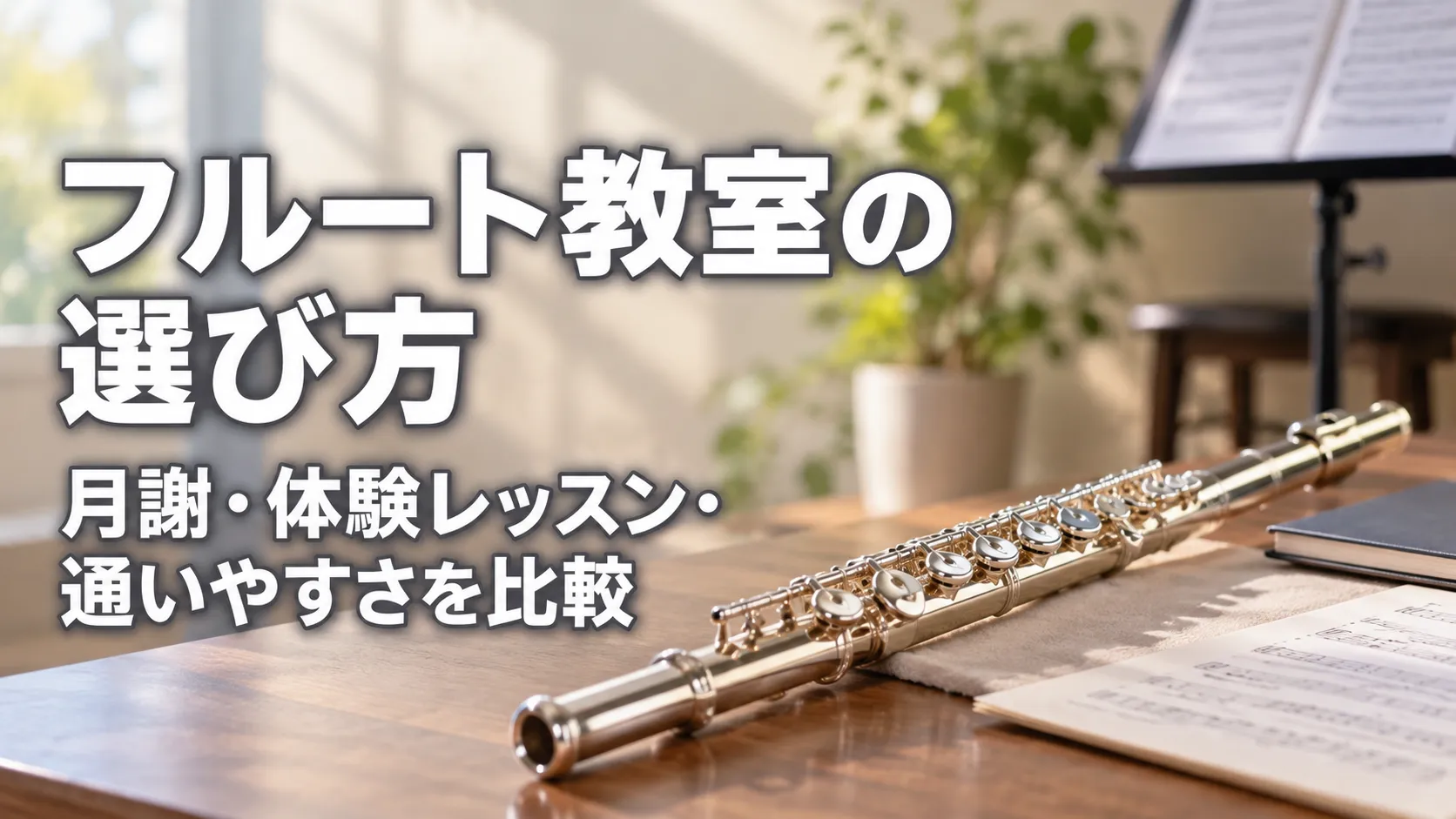フルート教室の選び方として、月謝・体験レッスン・通いやすさの比較を示し、音楽教室をイメージした室内にフルートを配置したアイキャッチ画像。