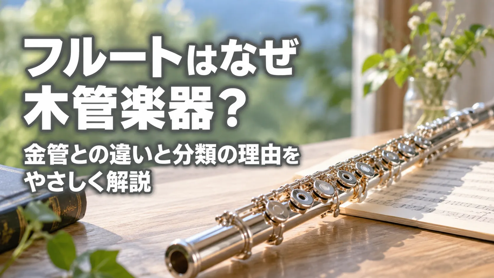 木管楽器に分類されるフルートと、金管との違いや分類の理由をやさしく解説する記事のアイキャッチ画像。
