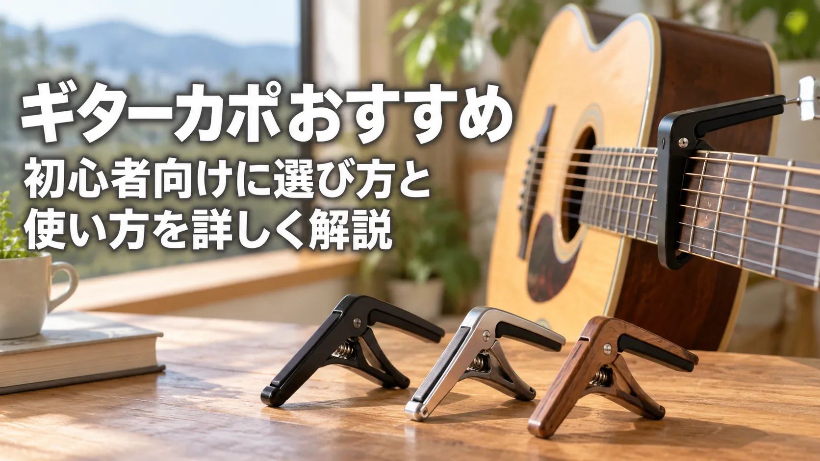 ギターに装着したカポと複数種類のギターカポを並べ、初心者向けの選び方と使い方を紹介するアイキャッチ画像。