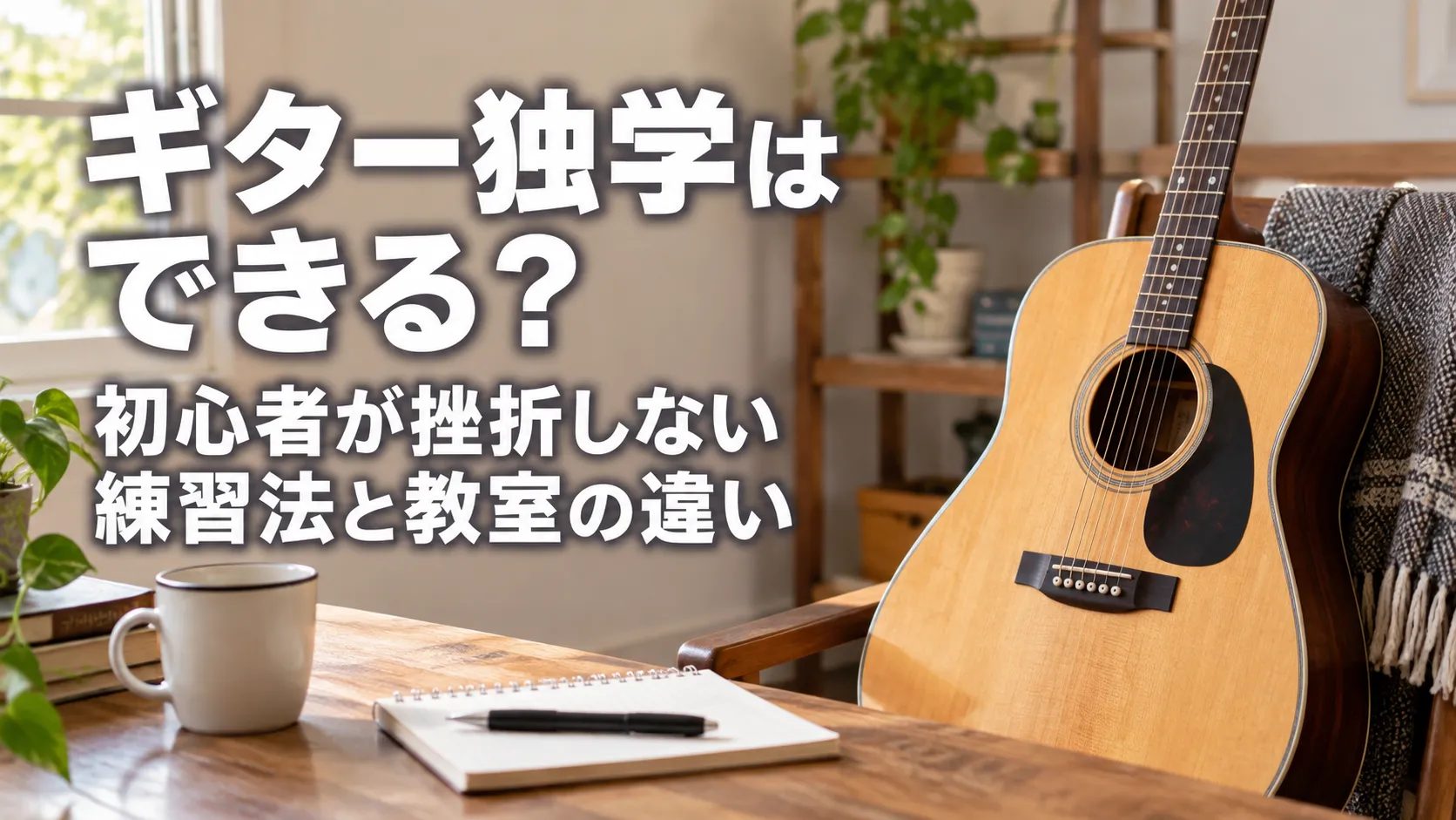 明るく落ち着いた室内で、右側にアコースティックギター、左側に「ギター独学はできる？ 初心者が挫折しない練習法と教室の違い」と表示したアイキャッチ画像