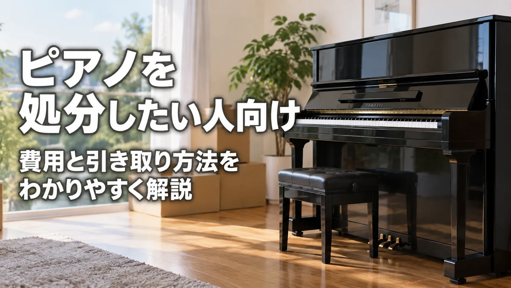 ピアノの処分費用と引き取り方法を解説する記事の、明るい室内に黒いアップライトピアノと引っ越し用の箱を配置したアイキャッチ画像