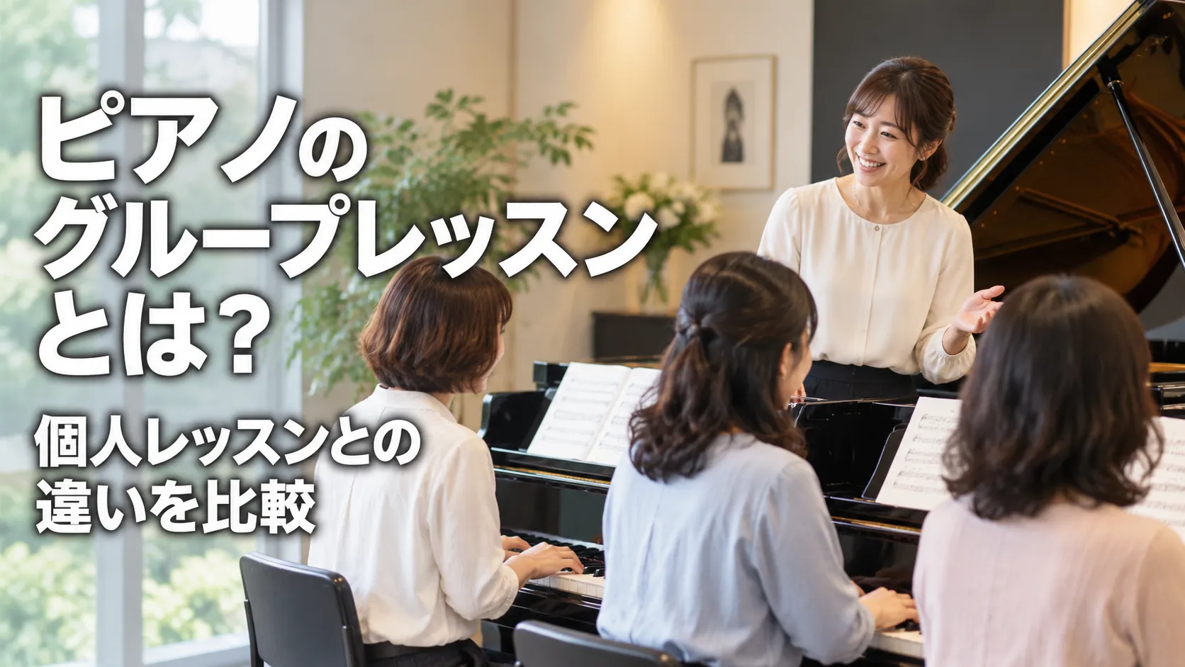 ピアノのグループレッスンで、講師が複数の受講者を指導している様子を描いたアイキャッチ画像。