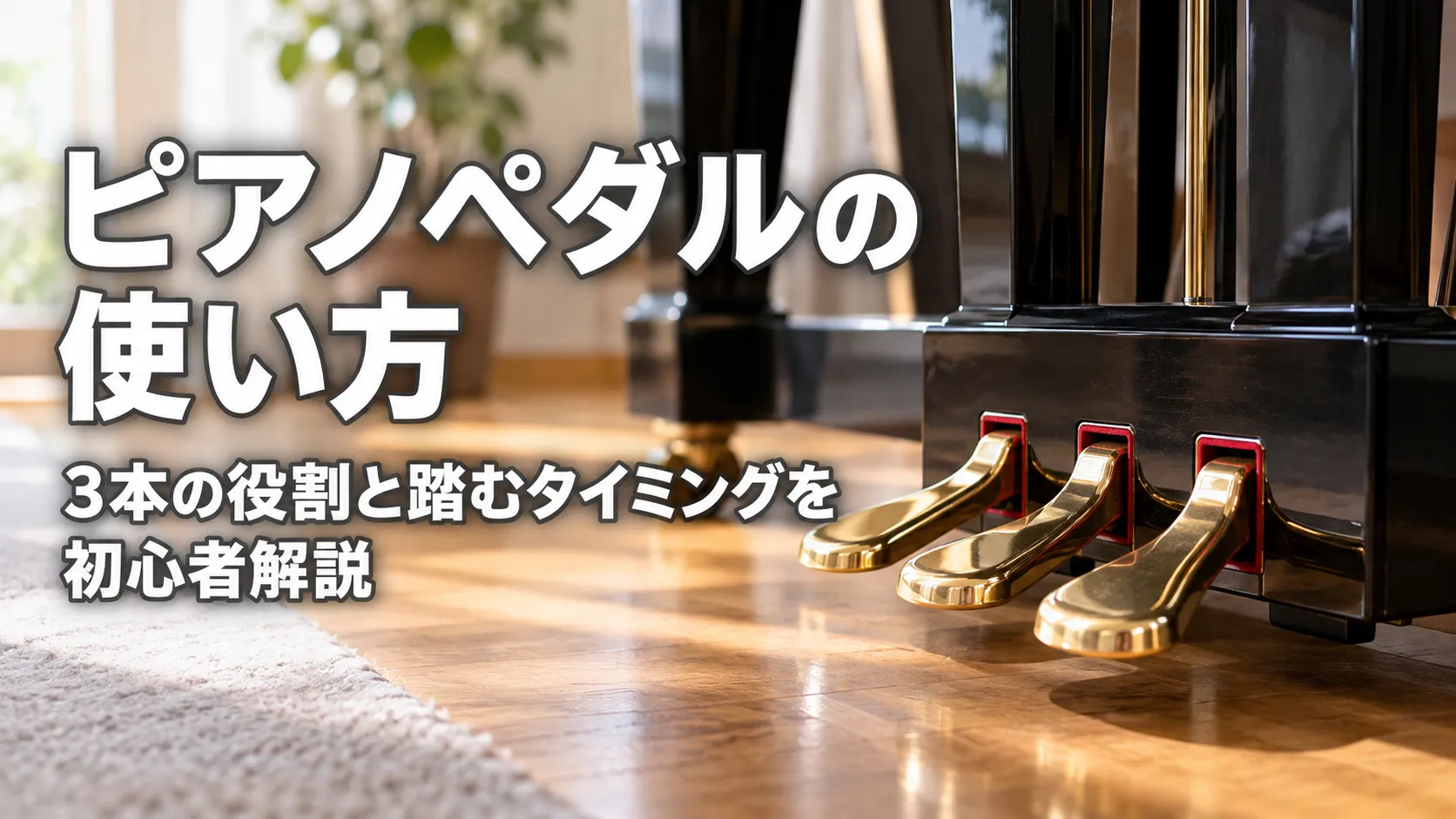 ピアノペダルの使い方と3本の役割、踏むタイミングを初心者向けに解説する、3本のピアノペダルを大きく写したアイキャッチ画像