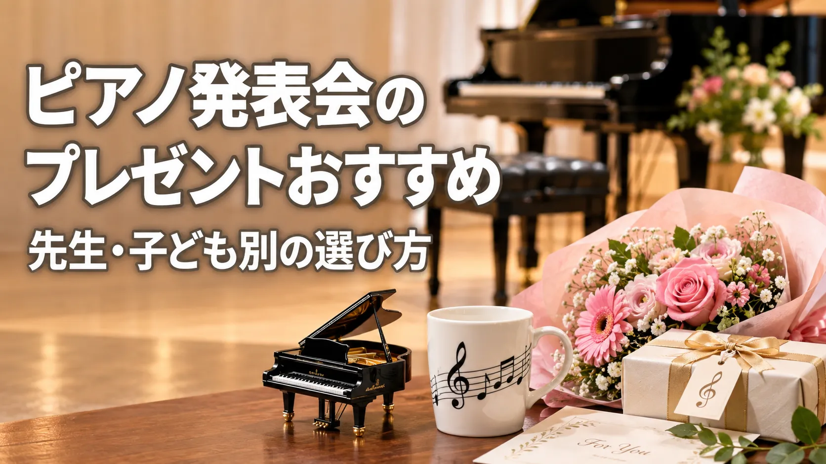 ピアノ発表会の会場を背景に、花束やギフトボックス、音符柄のマグカップ、ミニチュアのグランドピアノなどのプレゼントを並べたアイキャッチ画像。