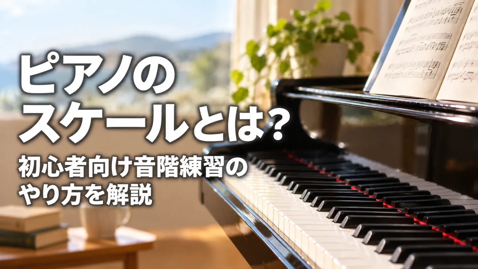 ピアノの鍵盤と楽譜を背景に、「ピアノのスケールとは？初心者向け音階練習のやり方を解説」と表示したアイキャッチ画像。