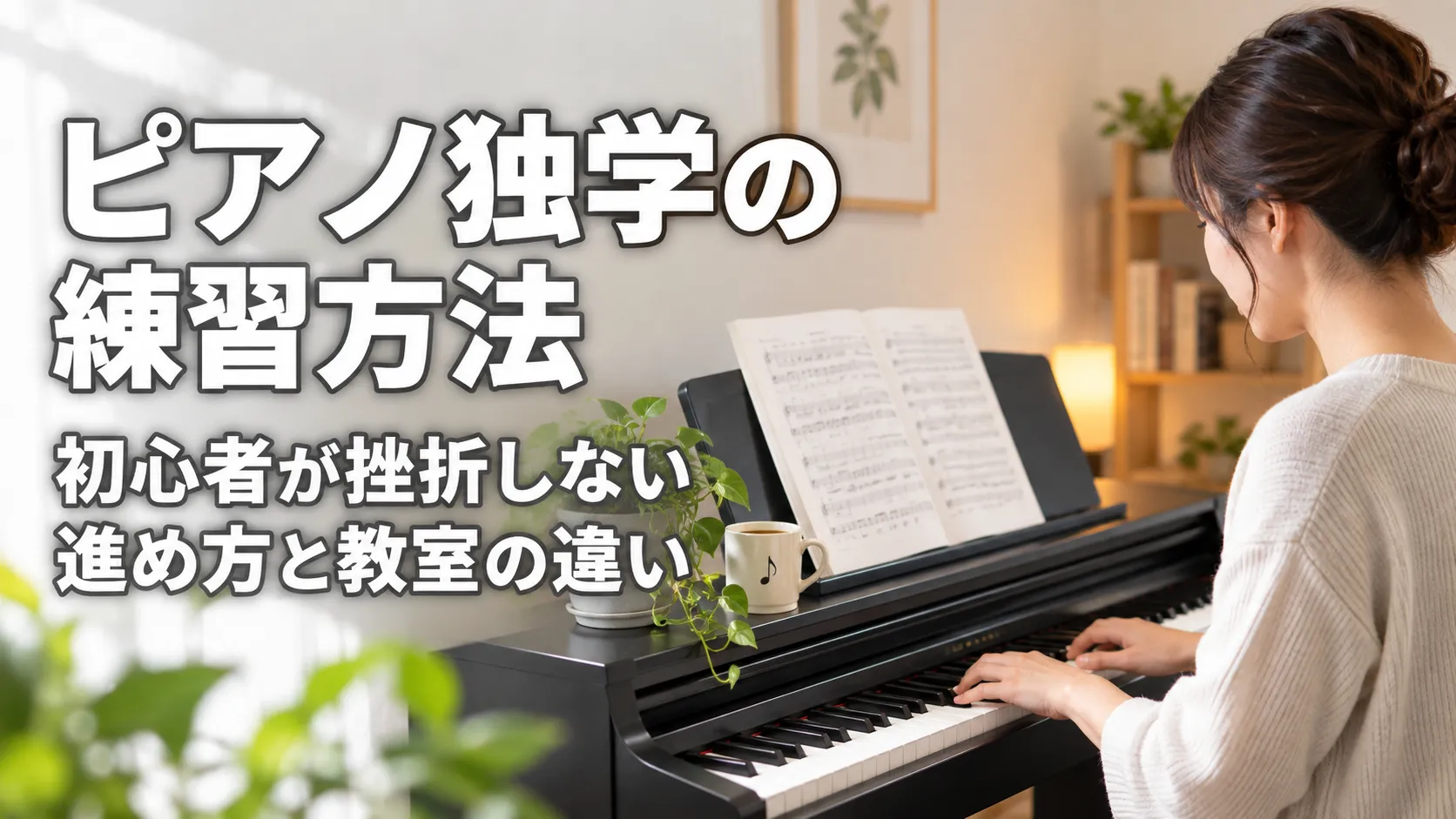 ピアノ独学の練習方法と、初心者が挫折しない進め方や教室との違いをテーマに、自宅でピアノを練習する様子を描いたアイキャッチ画像
