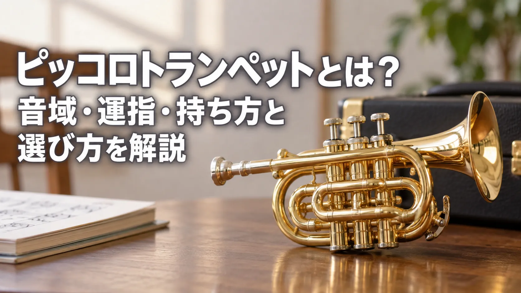 木製テーブルの右側にピッコロトランペットを大きく配置し、「ピッコロトランペットとは？ 音域・運指・持ち方と選び方を解説」と表示したアイキャッチ画像。