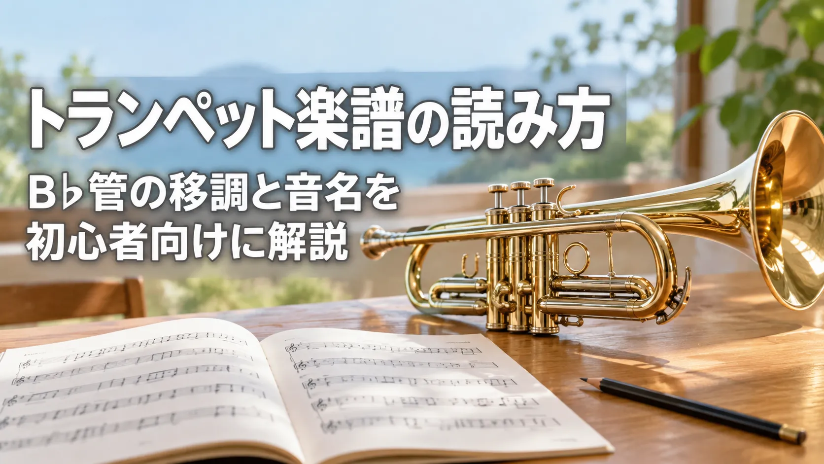 トランペット楽譜の読み方とB♭管の移調・音名を解説する記事のアイキャッチで、楽譜と金色のトランペットを描いた画像。