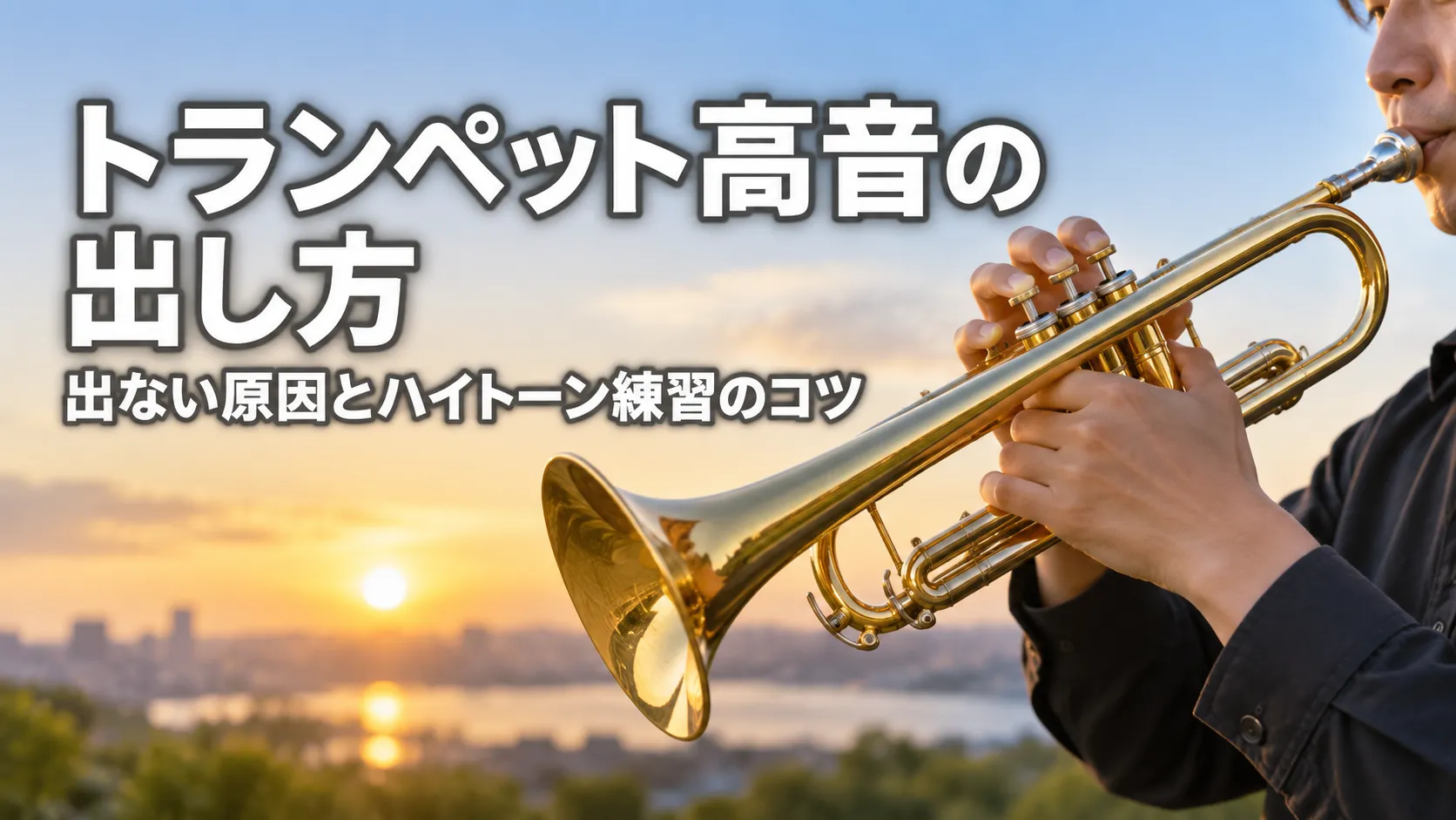 夕景を背景に、トランペットで高音を演奏する奏者と「トランペット高音の出し方」「出ない原因とハイトーン練習のコツ」の文字を配置したアイキャッチ画像。