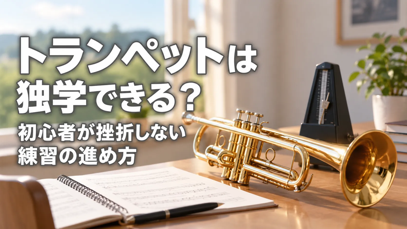 「トランペットは独学できる？初心者が挫折しない練習の進め方」の文字と、楽譜やメトロノームとともに置かれたトランペットを描いたアイキャッチ画像。