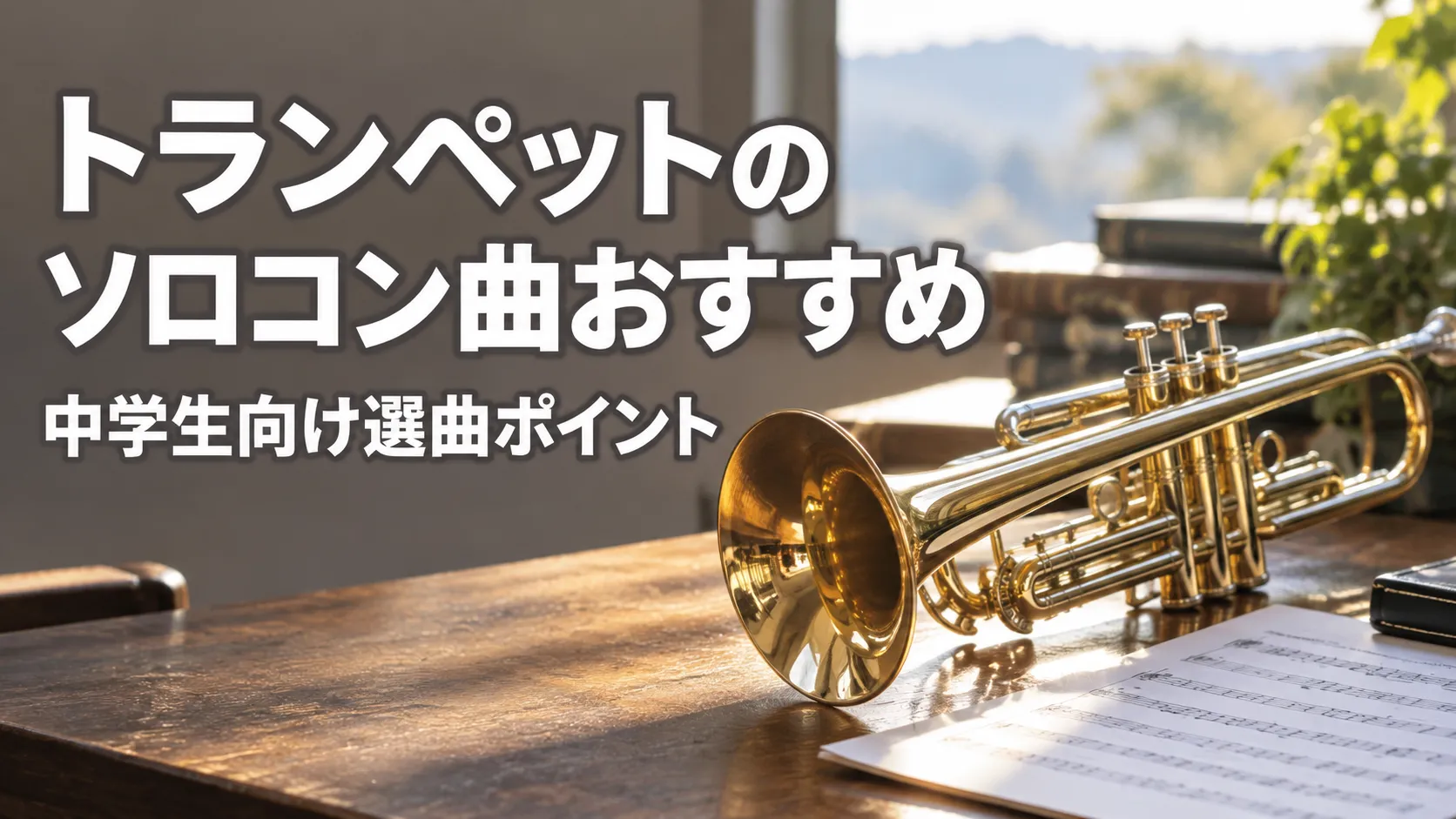 トランペットと楽譜を右側に配置し、「トランペットのソロコン曲おすすめ」「中学生向け選曲ポイント」と表示したアイキャッチ画像。