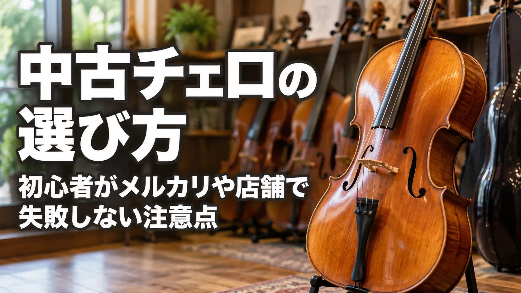 中古チェロの選び方と初心者がメルカリや店舗で失敗しない注意点を紹介する、楽器店に置かれたチェロのアイキャッチ画像。
