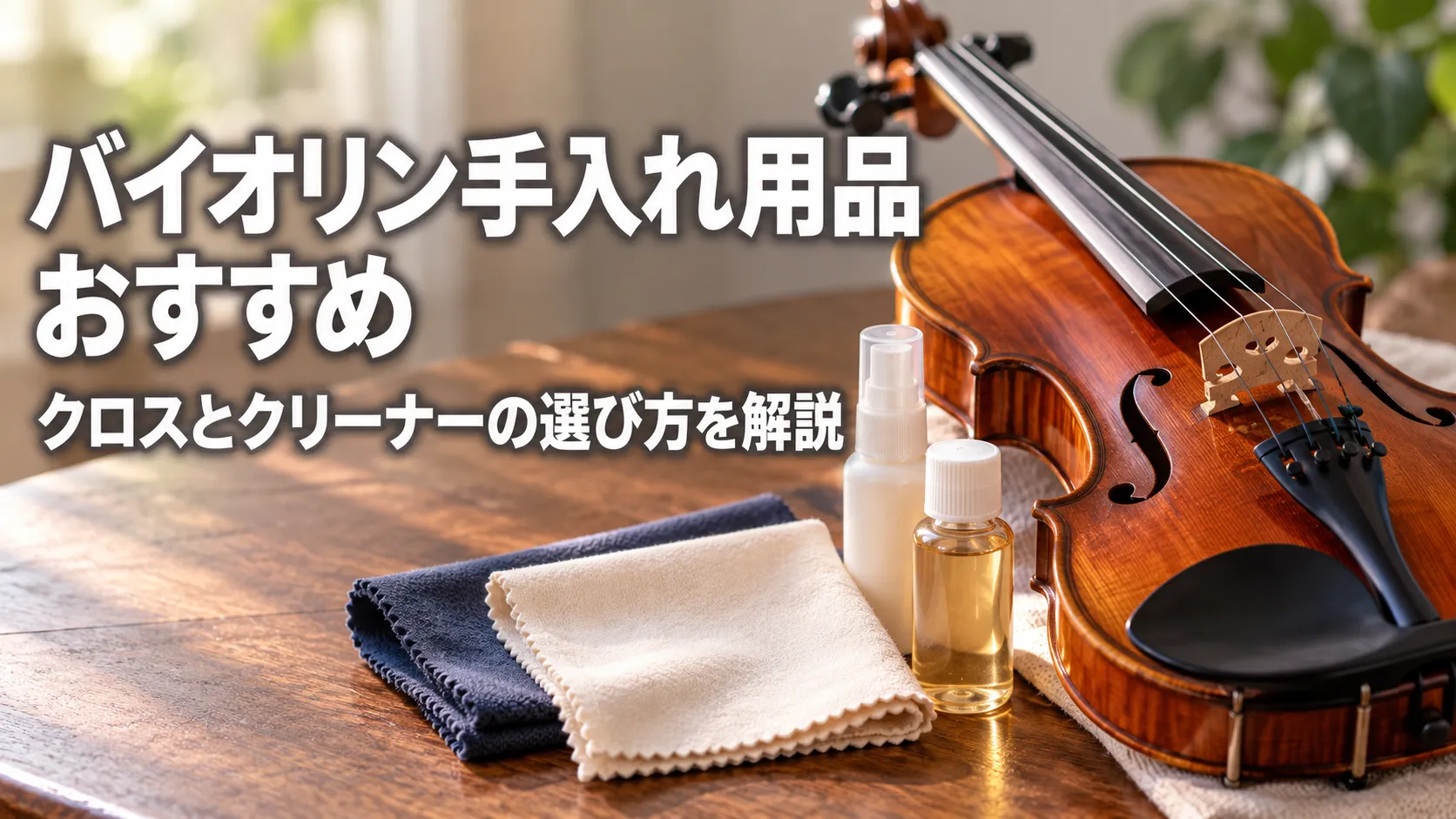 バイオリンと手入れ用クロス、クリーナーを並べ、クロスとクリーナーの選び方を紹介するアイキャッチ画像