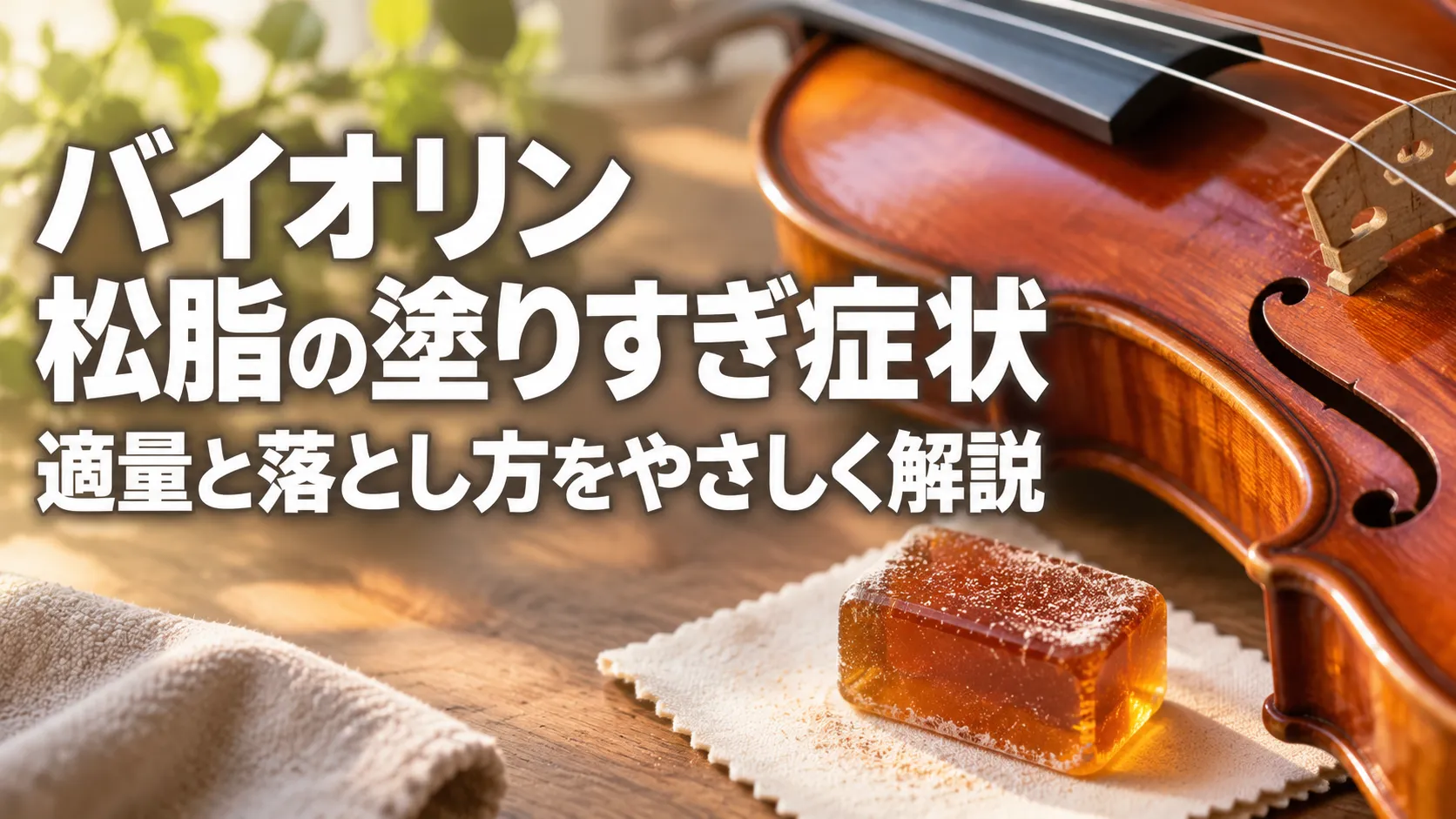 バイオリンの松脂と、塗りすぎた松脂の粉が見えるバイオリンを配置し、適量と落とし方を解説する記事を表現したアイキャッチ画像バイオリンの松脂と、塗りすぎた松脂の粉が見えるバイオリンを配置し、適量と落とし方を解説する記事を表現したアイキャッチ画像