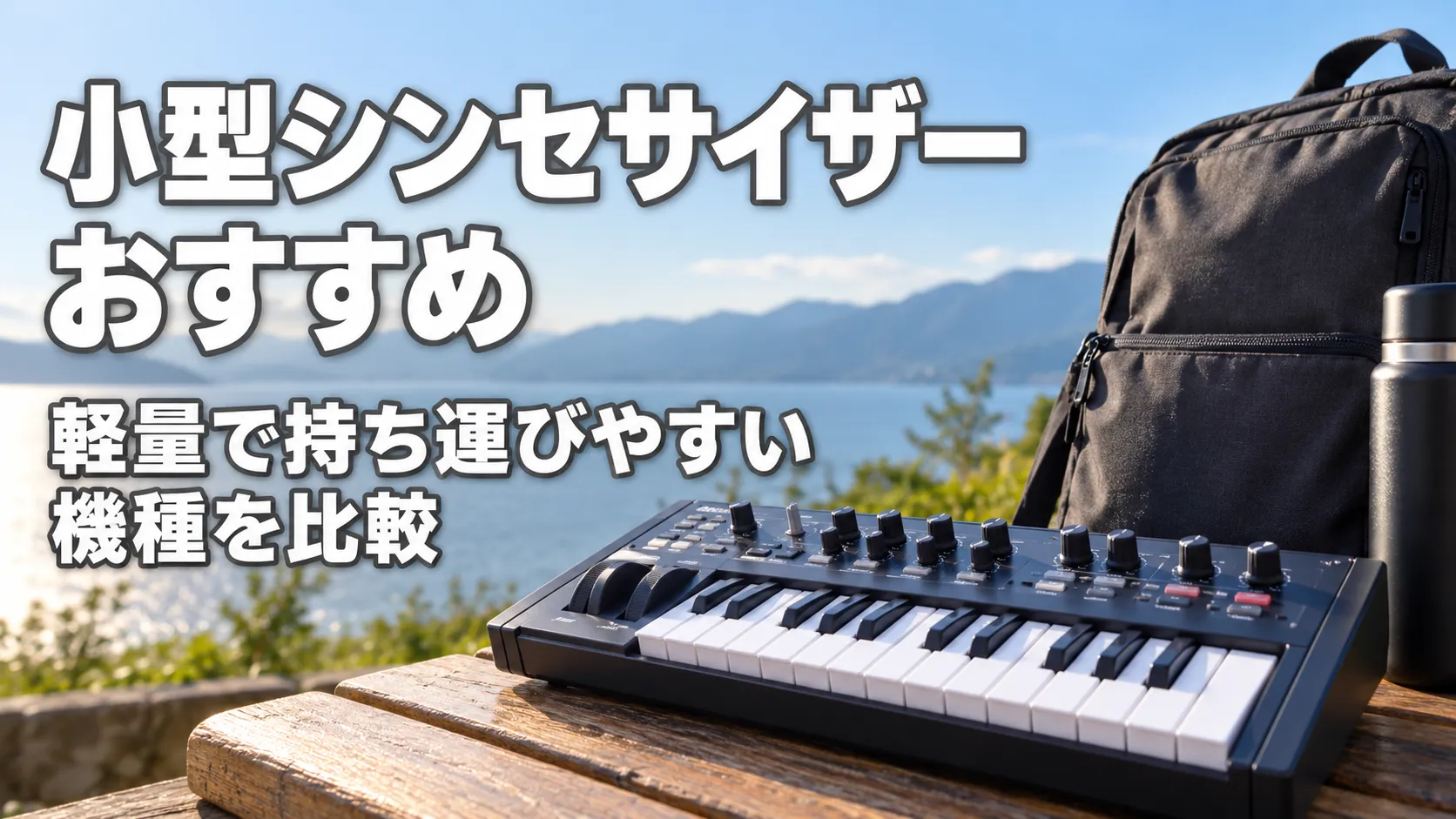 湖と山を背景に、持ち運びやすい小型シンセサイザーとバッグを配置したアイキャッチ画像。