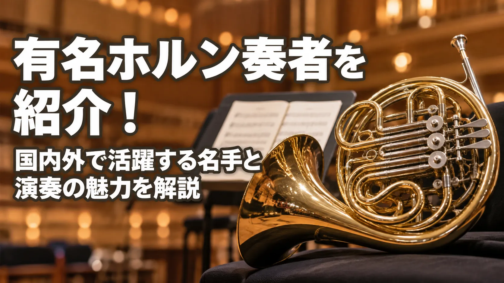有名ホルン奏者を紹介する記事のアイキャッチで、演奏会場を背景に金色のホルンを大きく配置した画像。