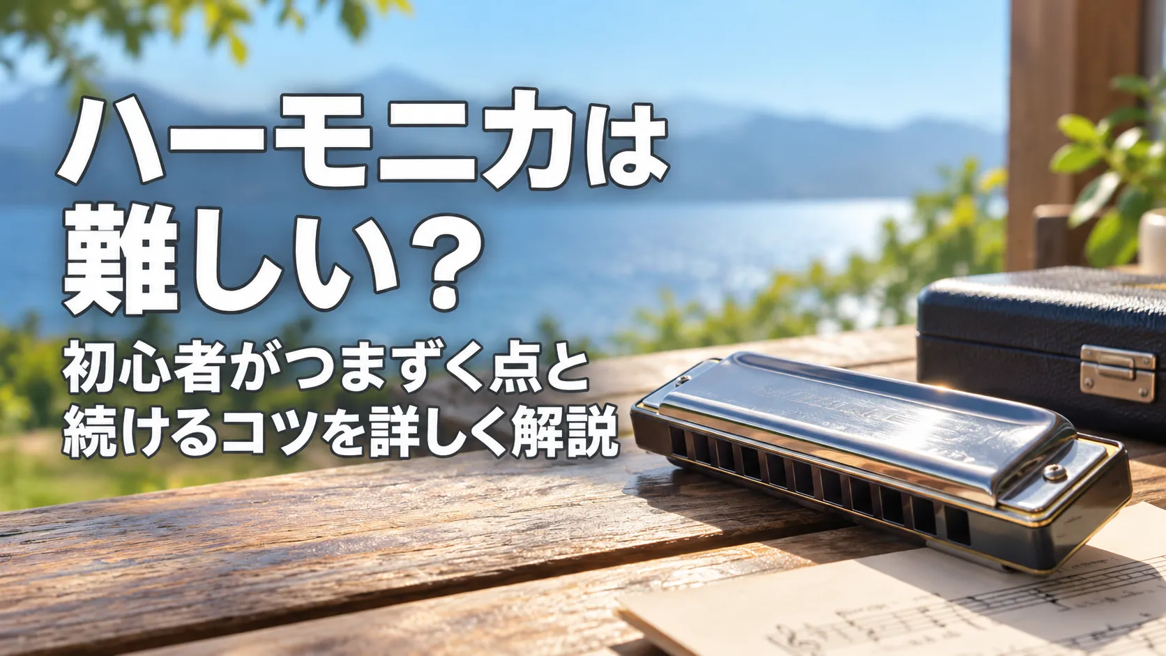 湖畔の木製テーブルにハーモニカを大きく配置し、「ハーモニカは難しい？初心者がつまずく点と続けるコツを詳しく解説」と表示したアイキャッチ画像。