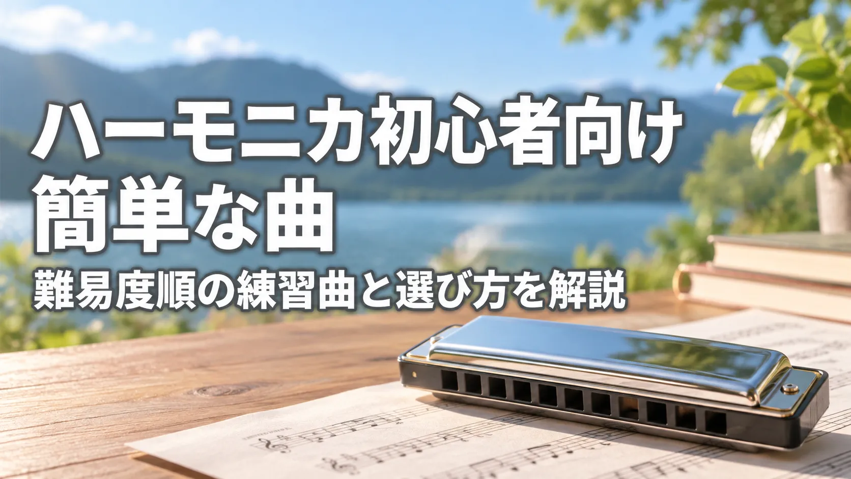 ハーモニカ初心者向けの簡単な曲と難易度順の練習曲・選び方を紹介する、楽譜の上にハーモニカを配置したアイキャッチ画像。