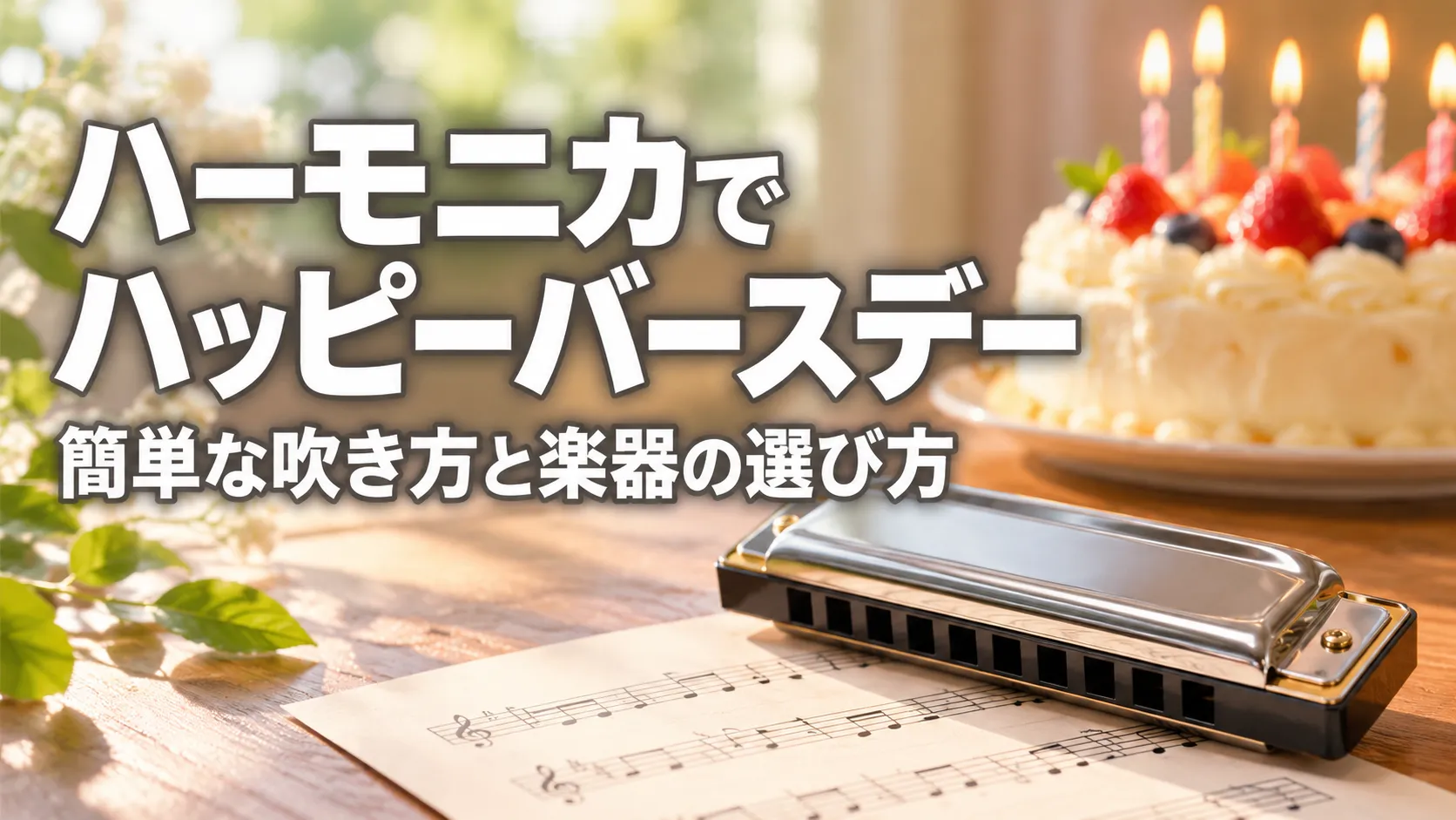 「ハーモニカでハッピーバースデー 簡単な吹き方と楽器の選び方」の文字と、楽譜の上に置かれたハーモニカ、ろうそくを灯したバースデーケーキを描いたアイキャッチ画像。