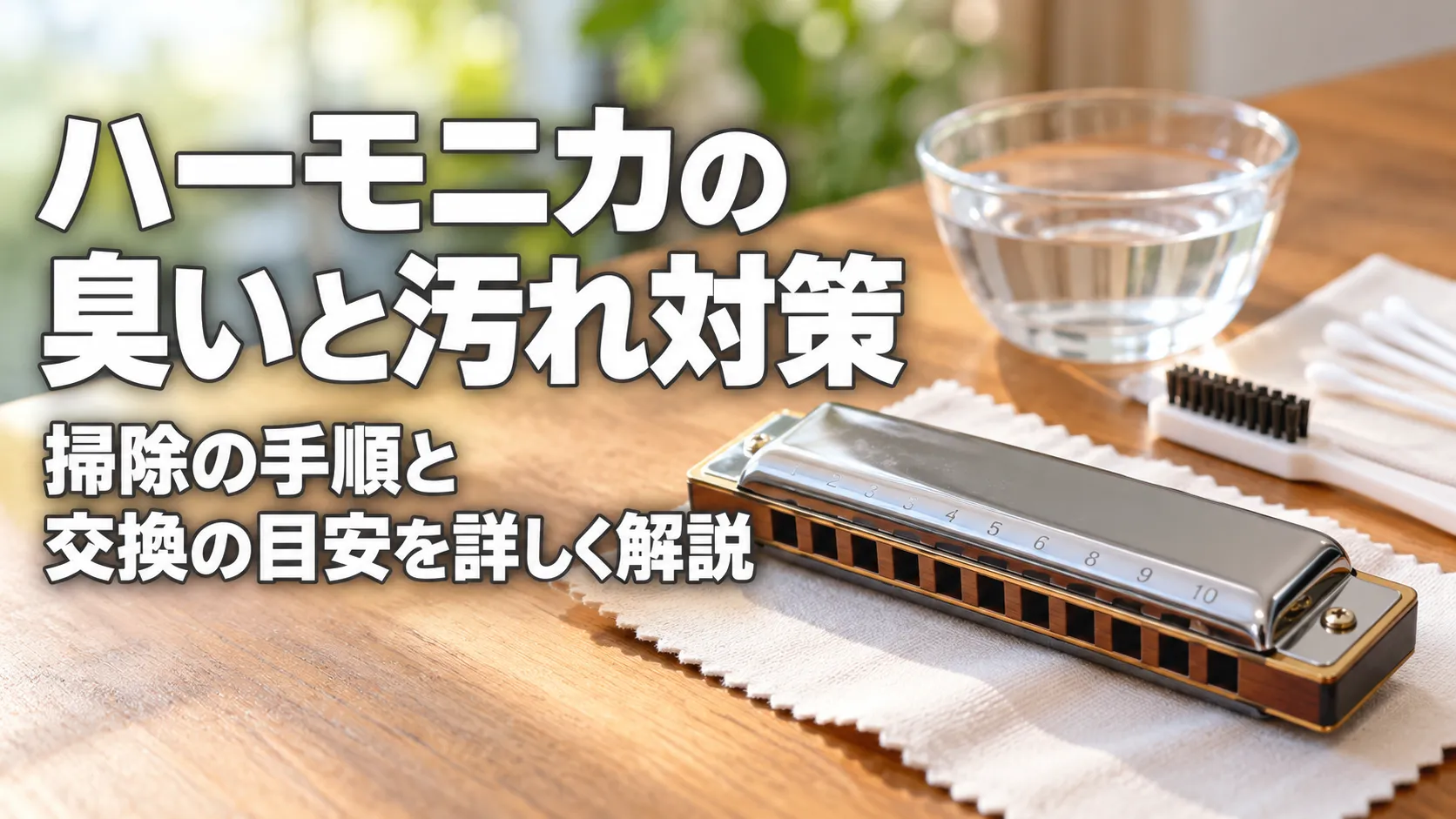 ハーモニカと掃除用のブラシや綿棒、水を配置し、臭いと汚れ対策、掃除の手順と交換の目安を示したアイキャッチ画像。