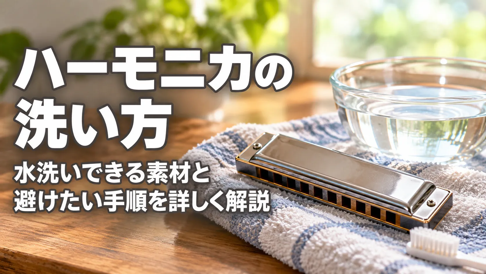 水洗いできる素材と避けたい手順を解説する記事向けに、水を入れた容器とタオル、ブラシのそばにハーモニカを配置したアイキャッチ画像。