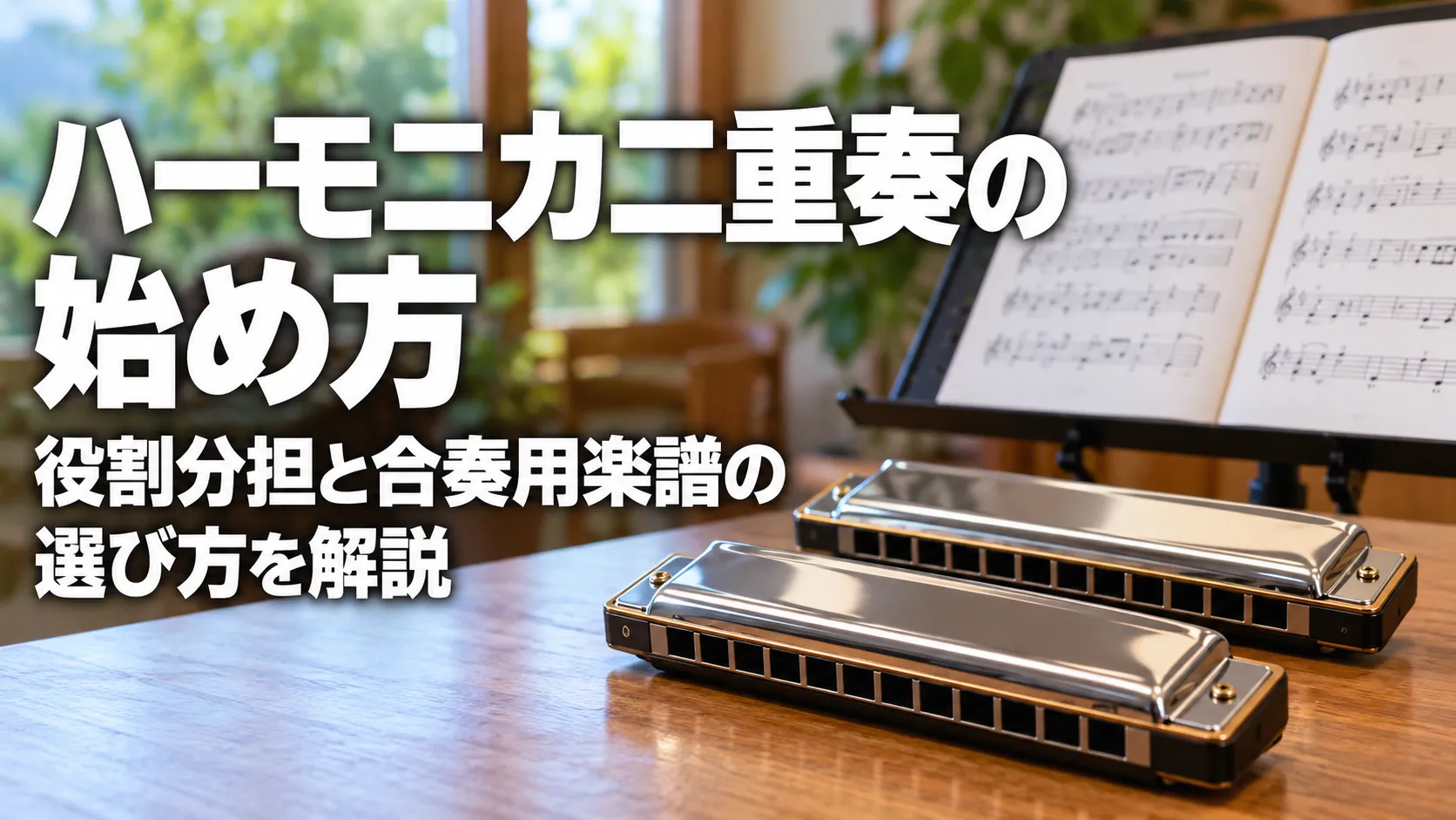 「ハーモニカ二重奏の始め方｜役割分担と合奏用楽譜の選び方を解説」の文字と、木製テーブルに並ぶ2本のハーモニカと合奏用楽譜を描いたアイキャッチ画像。