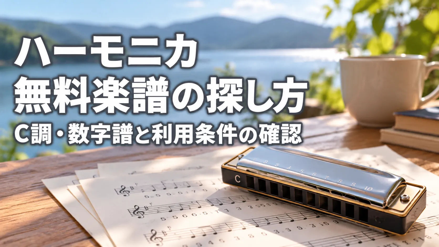 C調のハーモニカと数字譜を含む楽譜を木製テーブルに配置し、「ハーモニカ無料楽譜の探し方」「C調・数字譜と利用条件の確認」と表示したアイキャッチ画像。